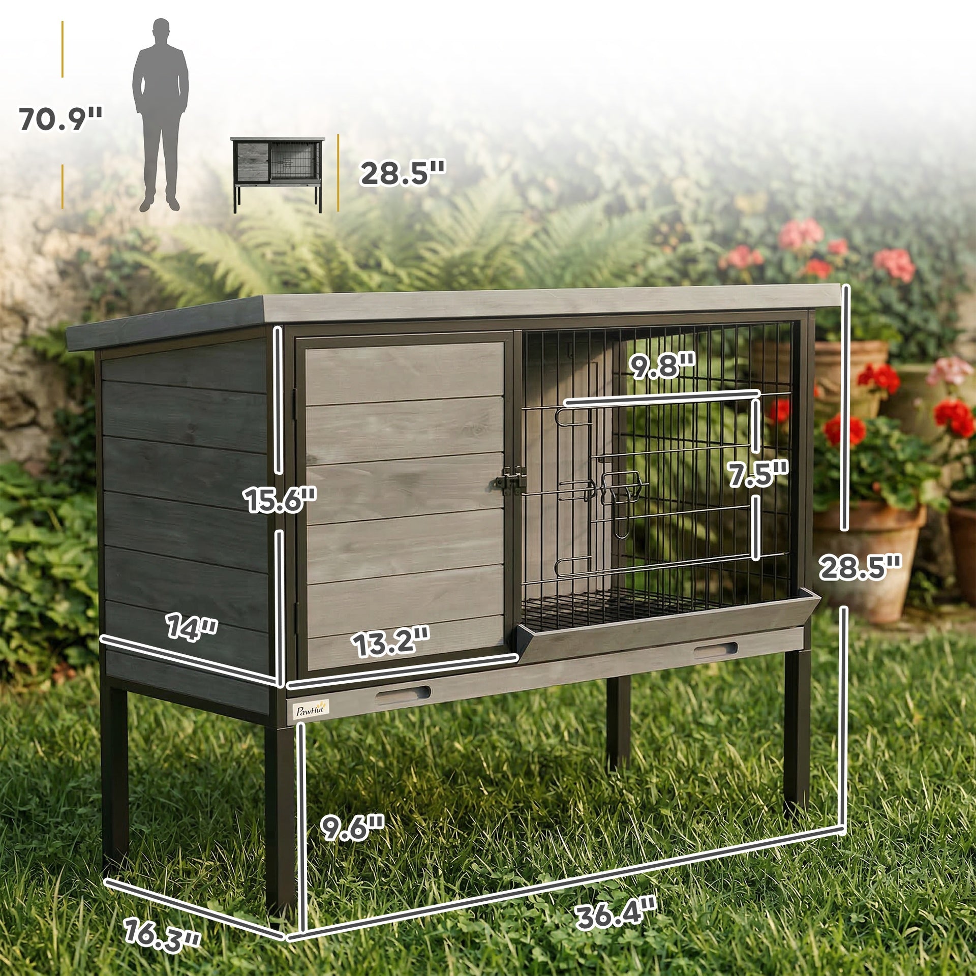 PawHut Elevated Rabbit Hutch Outdoor, Wooden Rabbit Cage Bunny House with Pull-out Tray and Openable Plastic Roof