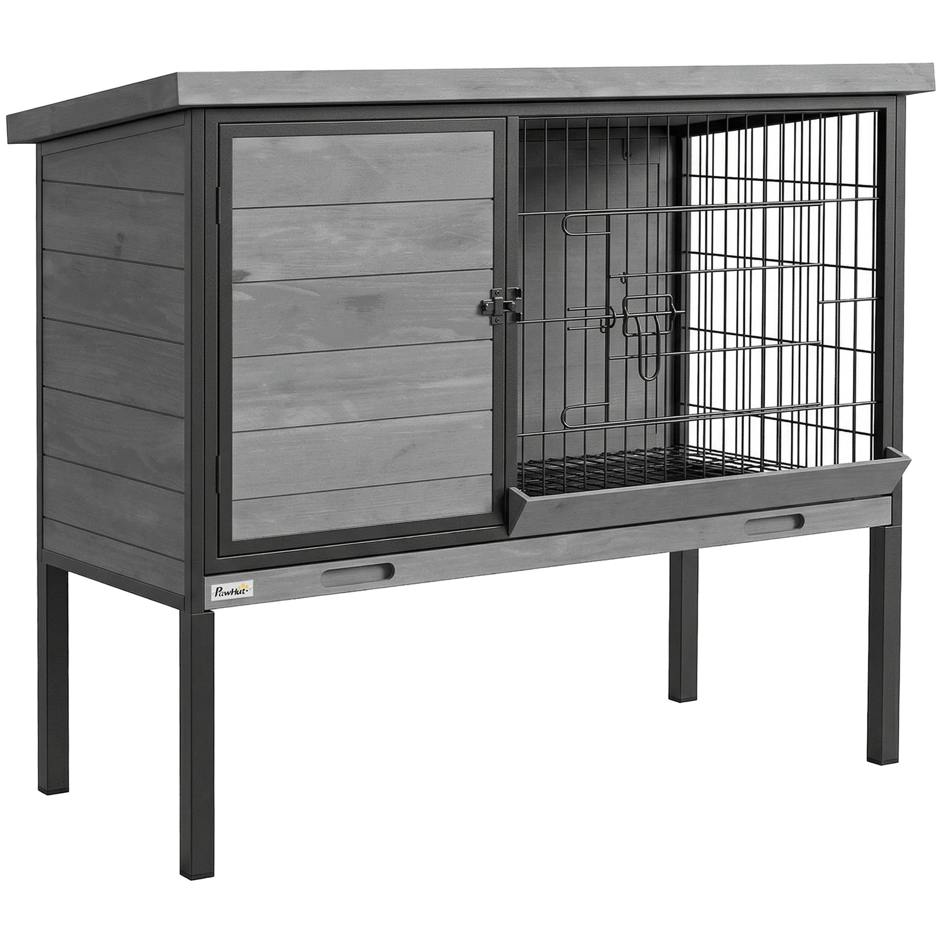 PawHut Elevated Rabbit Hutch Outdoor, Wooden Rabbit Cage Bunny House with Pull-out Tray and Openable Plastic Roof