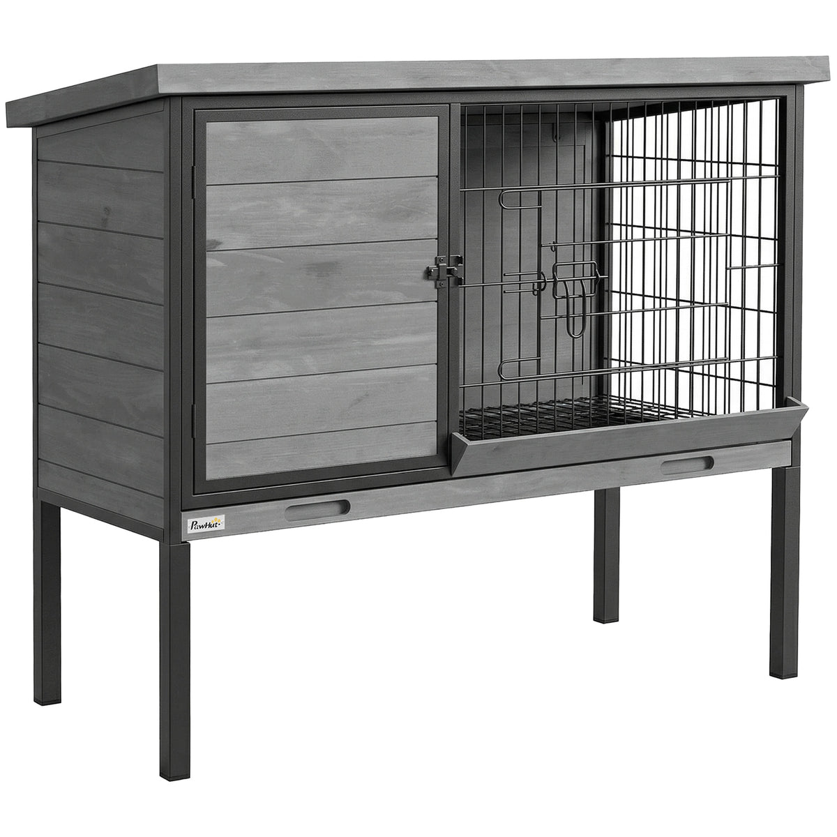 PawHut Elevated Rabbit Hutch Outdoor, Wooden Rabbit Cage Bunny House with Pull-out Tray and Openable Plastic Roof