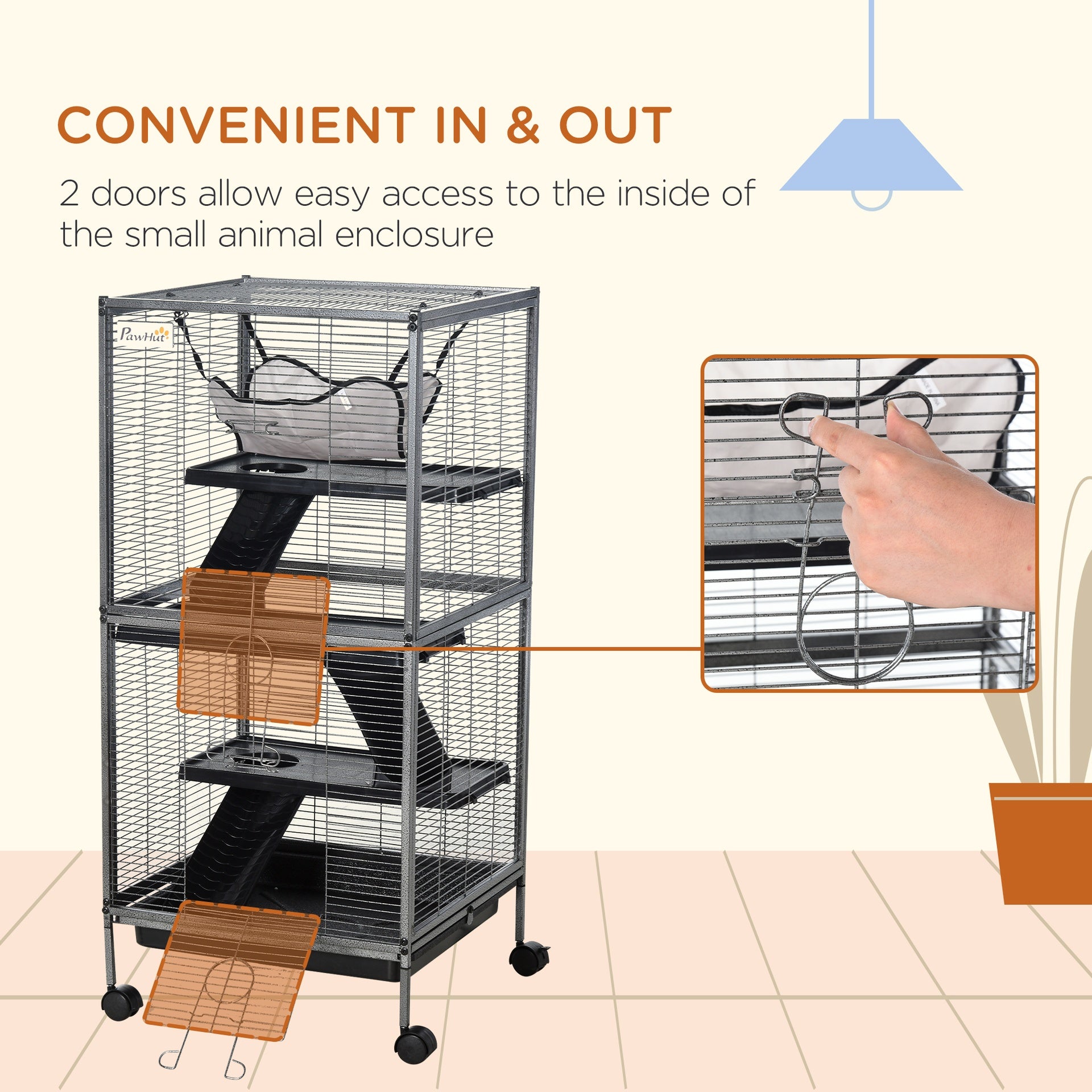 PawHut Metal Small Animal Cage Rolling Big Ferret Cage, Chinchilla Cage, Sugar Glider Cage, with Hammock & 4 Tiers, Removable Tray, Gray
