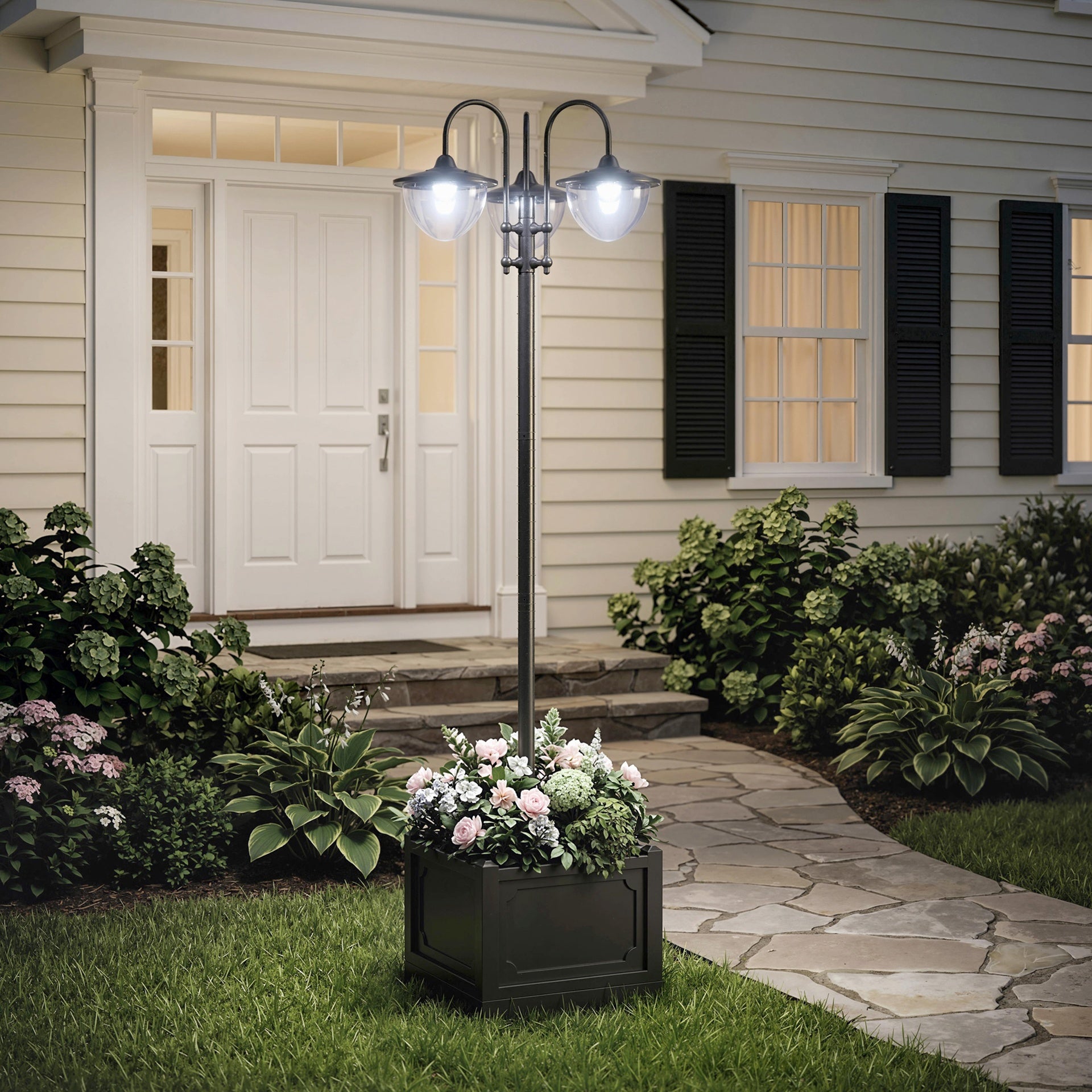 Outsunny 74.5" 3-head Solar Lamp Post Light with Planter, Solar Pole Lights Outdoor Waterproof LED Lighting for Backyard Pathway Patio Lawn Driveway Decor, Black