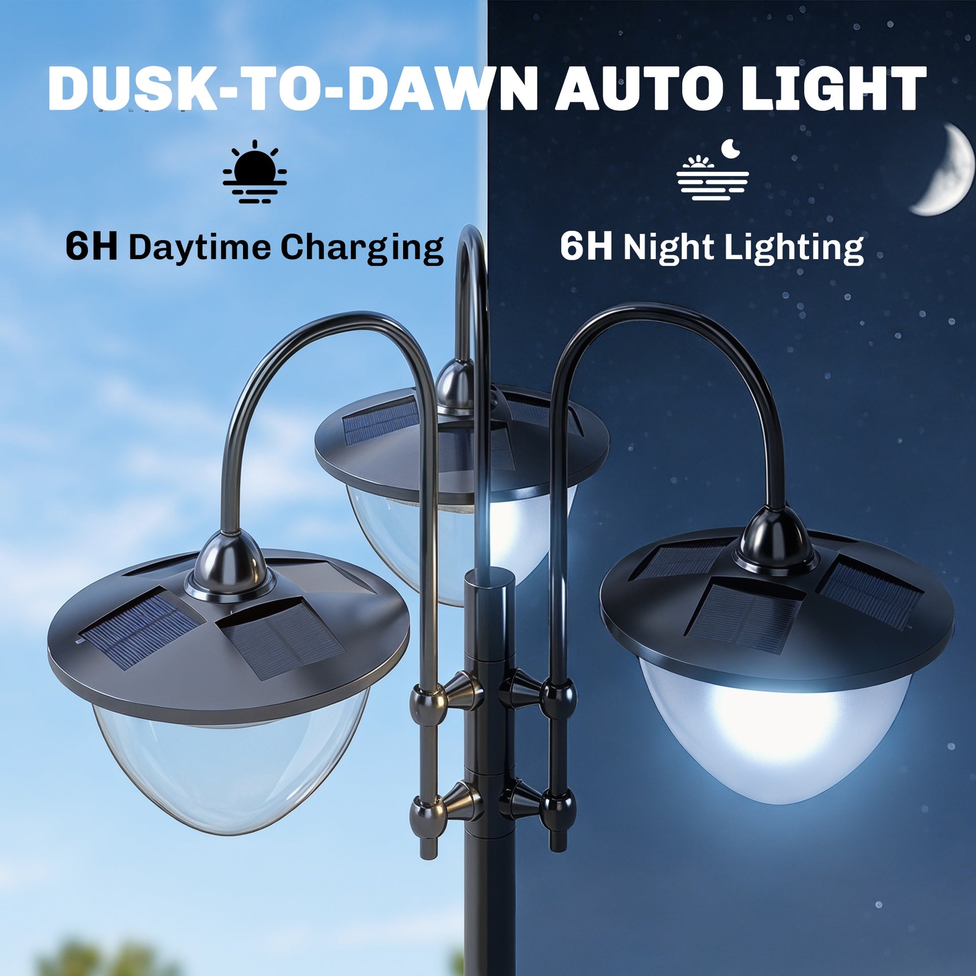Outsunny 74.5" 3-head Solar Lamp Post Light with Planter, Solar Pole Lights Outdoor Waterproof LED Lighting for Backyard Pathway Patio Lawn Driveway Decor, Black
