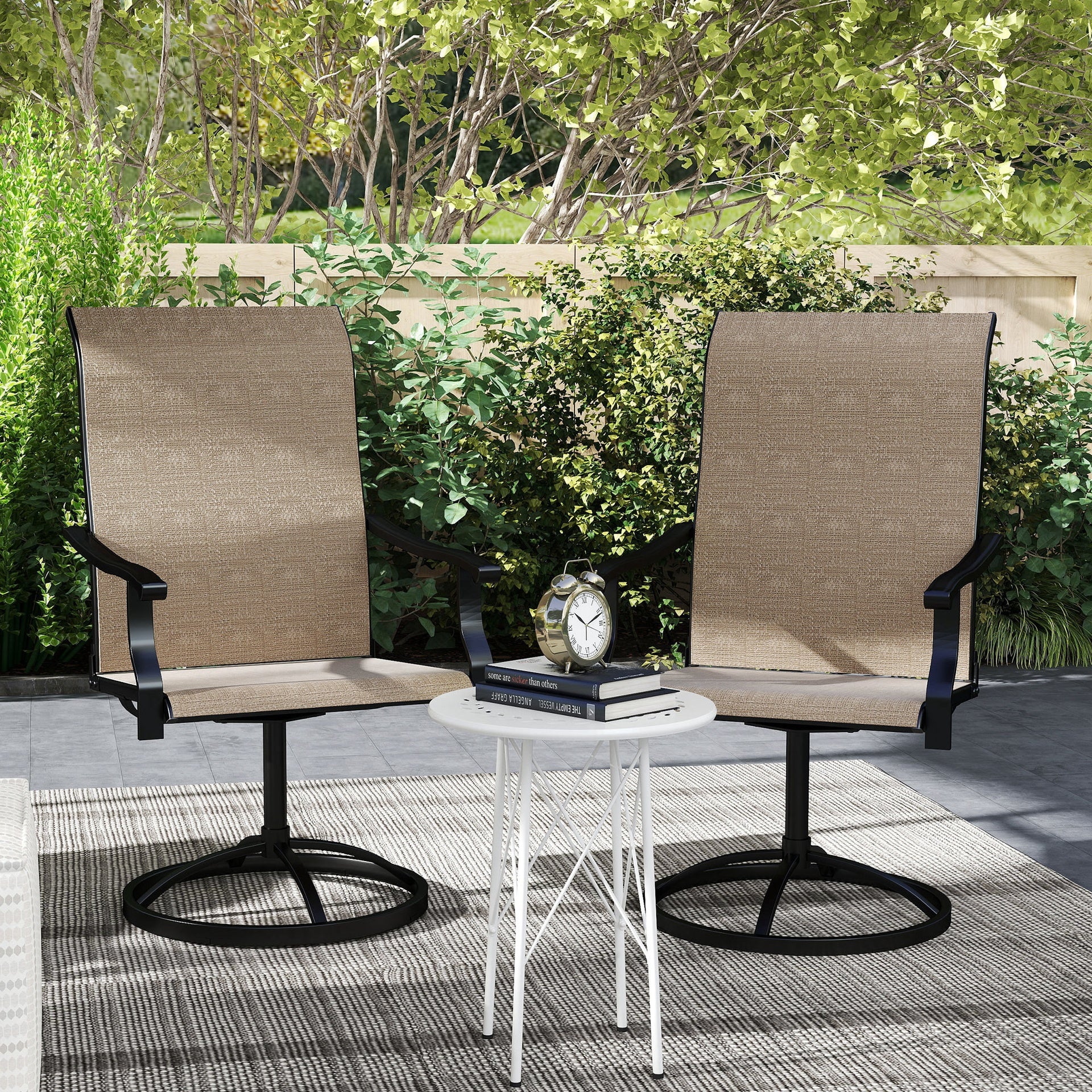 Outsunny Patio Swivel Chairs Set of 2, High Back Patio Dining Chairs with All-Weather Mesh for Backyard, Lawn, Garden, Brown