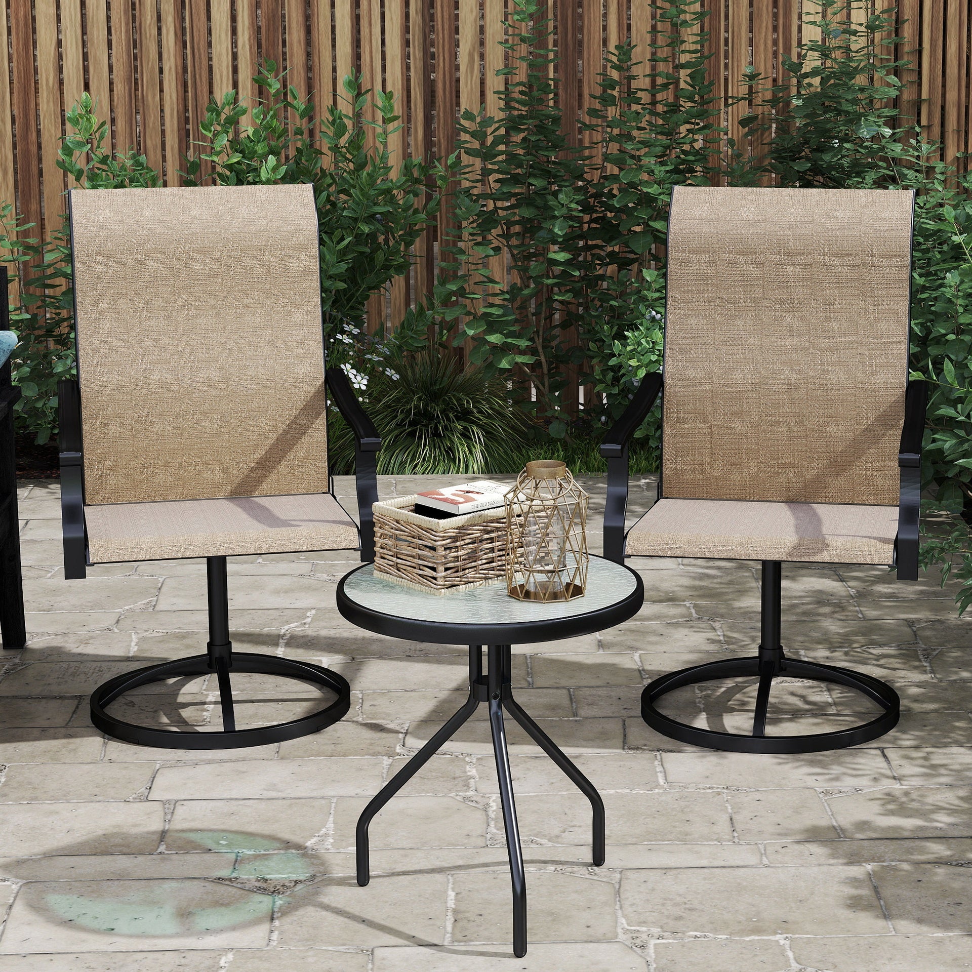 Outsunny Patio Swivel Chairs Set of 2, High Back Patio Dining Chairs with All-Weather Mesh for Backyard, Lawn, Garden, Brown