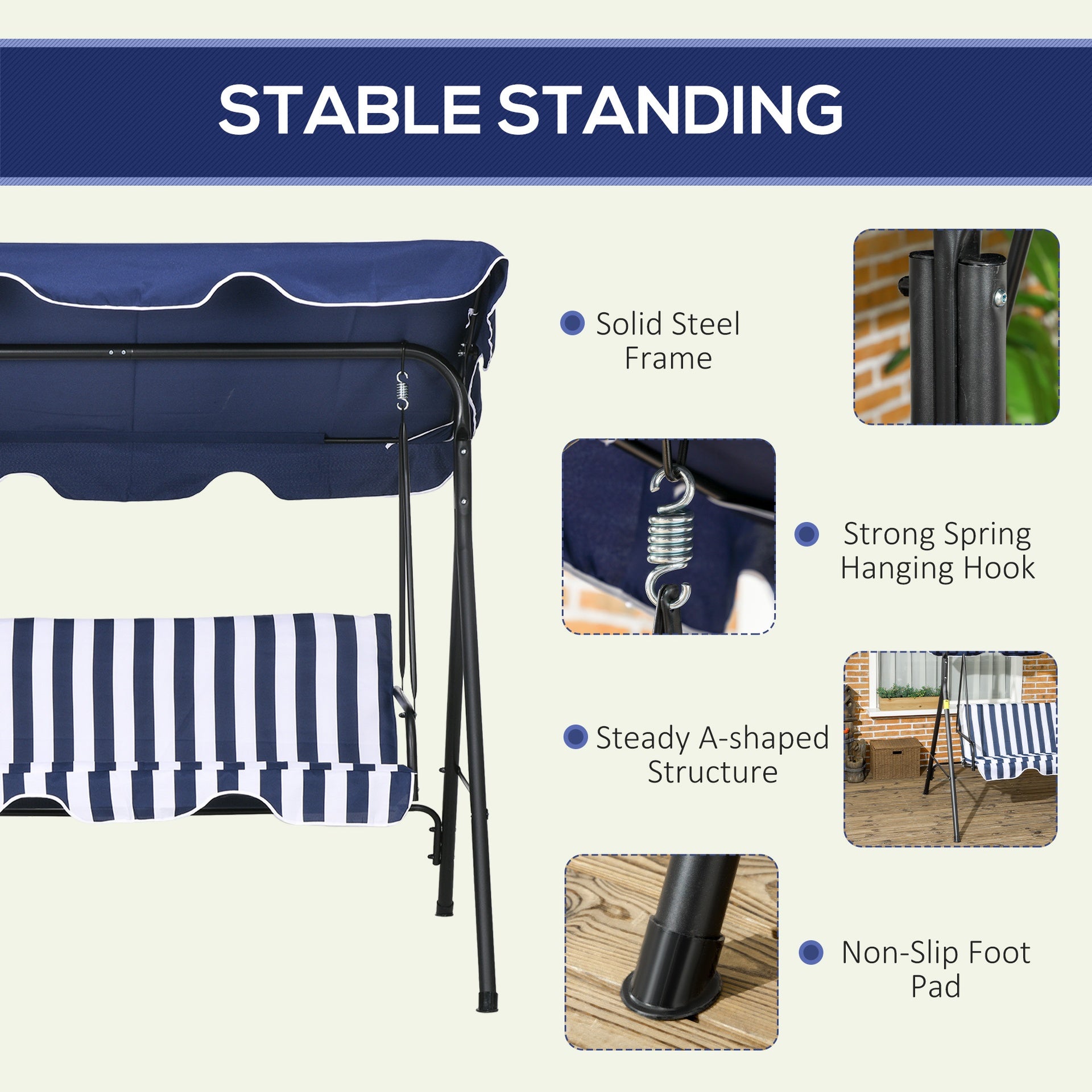 Outsunny 3-Seat Outdoor Patio Swing Chair with Cushion, Steel Frame Stand, Adjustable Tilt Canopy for Patio, Garden, Dark Blue
