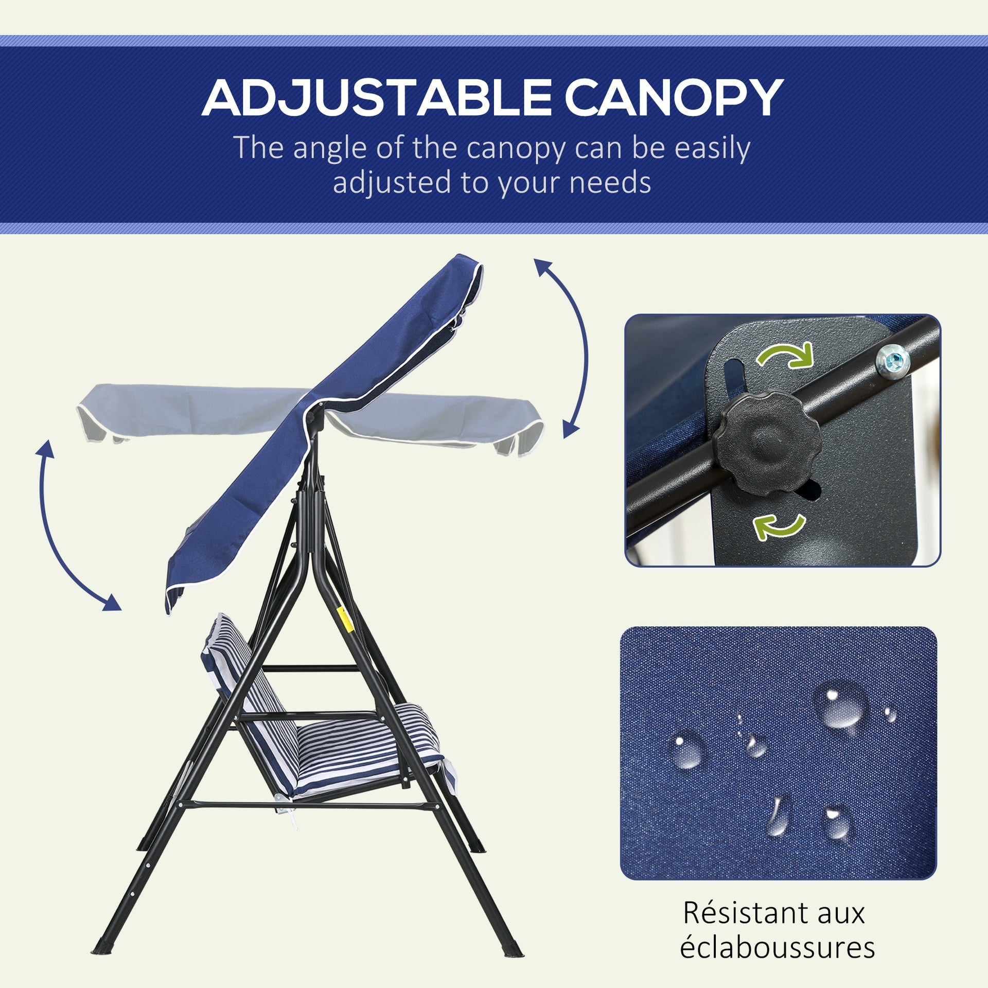 Outsunny 3-Seat Outdoor Patio Swing Chair with Cushion, Steel Frame Stand, Adjustable Tilt Canopy for Patio, Garden, Dark Blue