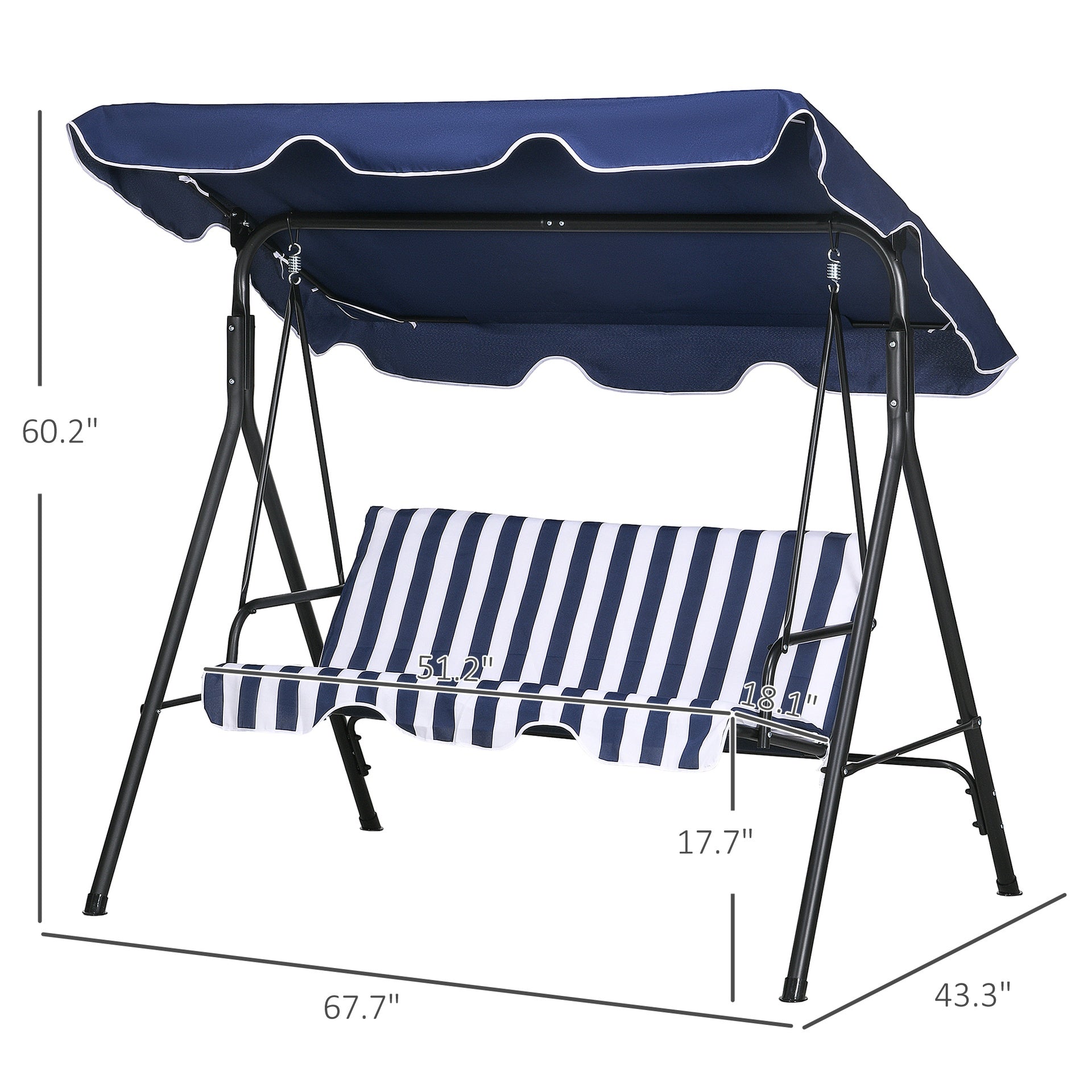 Outsunny 3-Seat Outdoor Patio Swing Chair with Cushion, Steel Frame Stand, Adjustable Tilt Canopy for Patio, Garden, Dark Blue