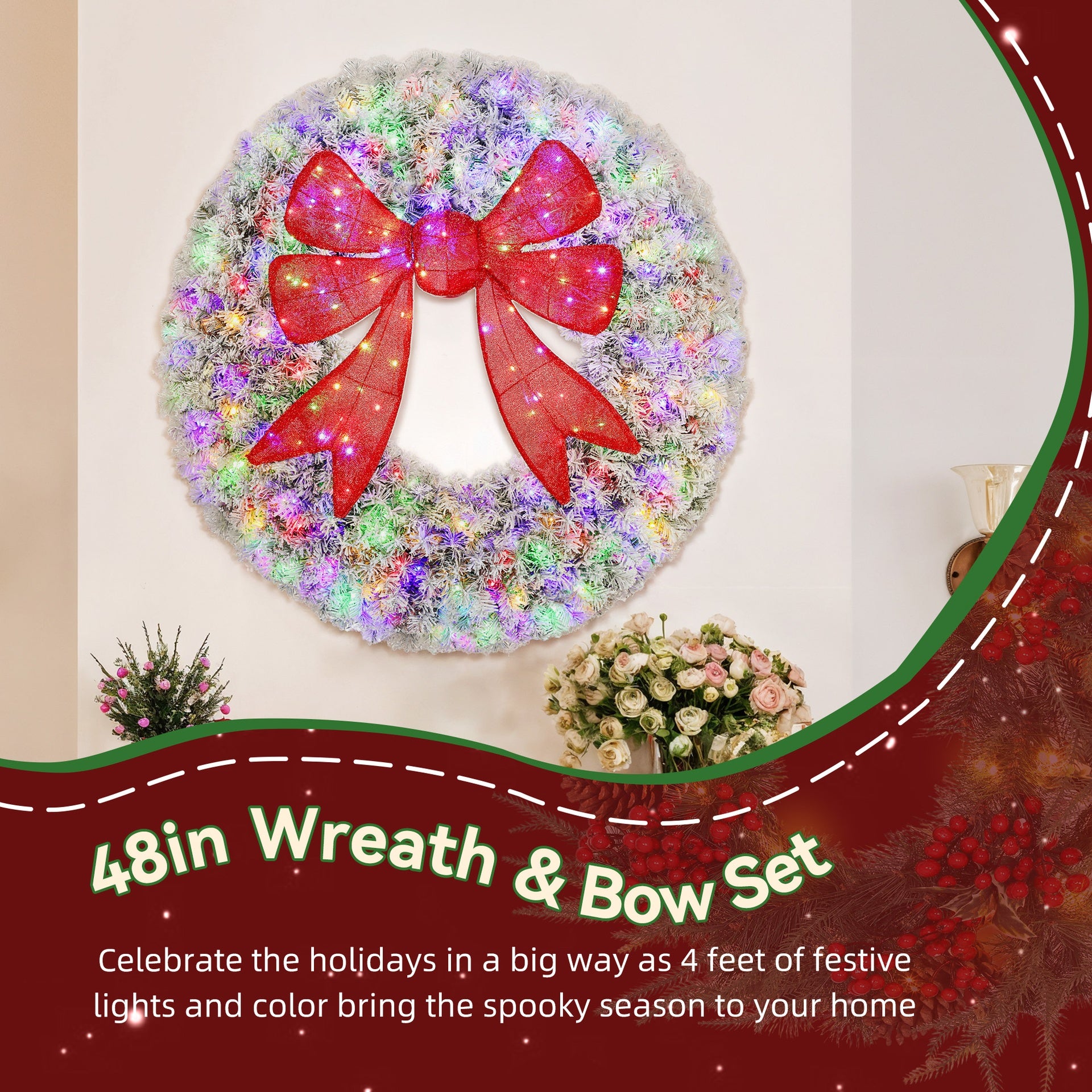 HOMCOM 48in Flocked Pre-Lit Christmas Wreath with 3D Red Bow, 11 Lighting Modes, Front Door Christmas Wreath with Remote