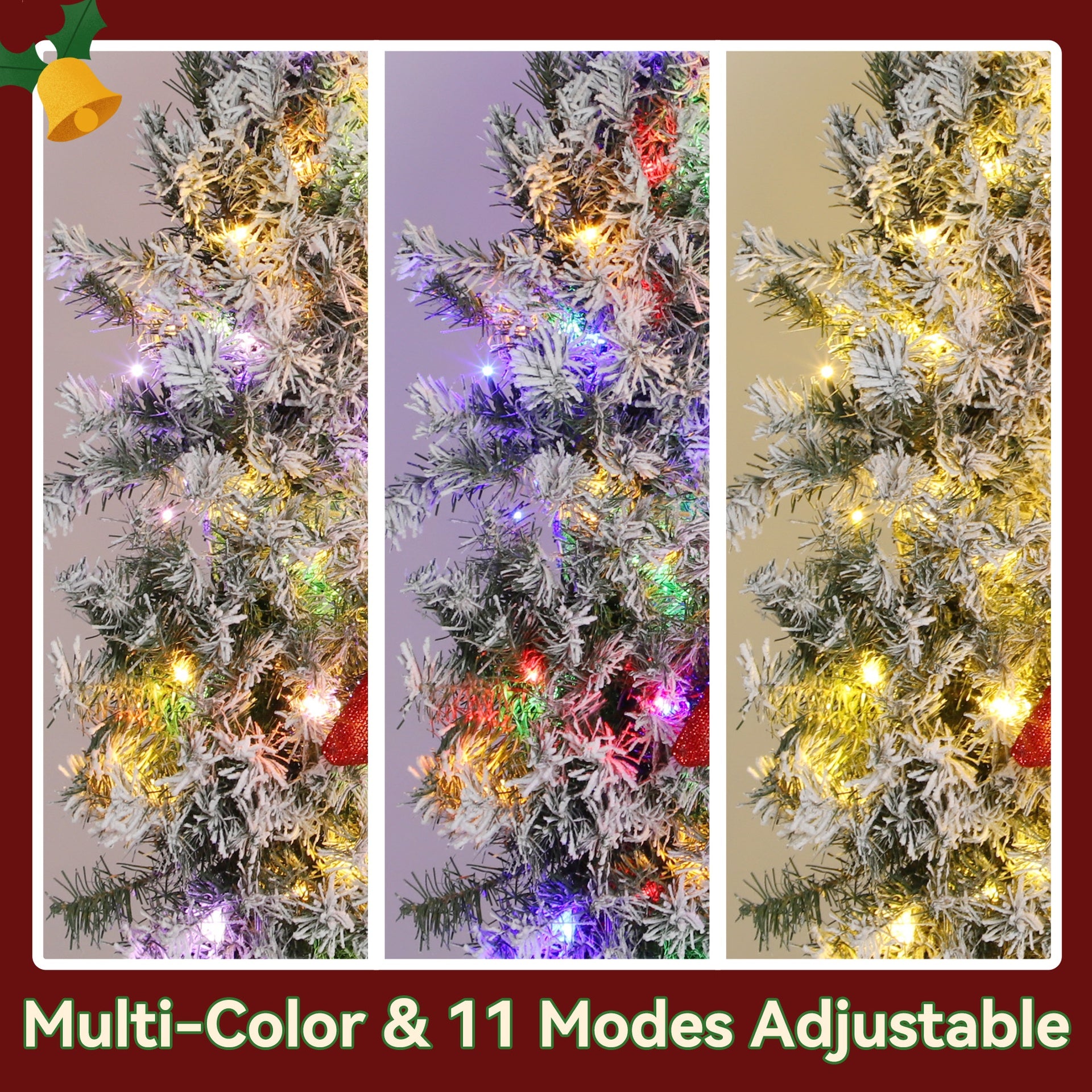 HOMCOM 48in Flocked Pre-Lit Christmas Wreath with 3D Red Bow, 11 Lighting Modes, Front Door Christmas Wreath with Remote
