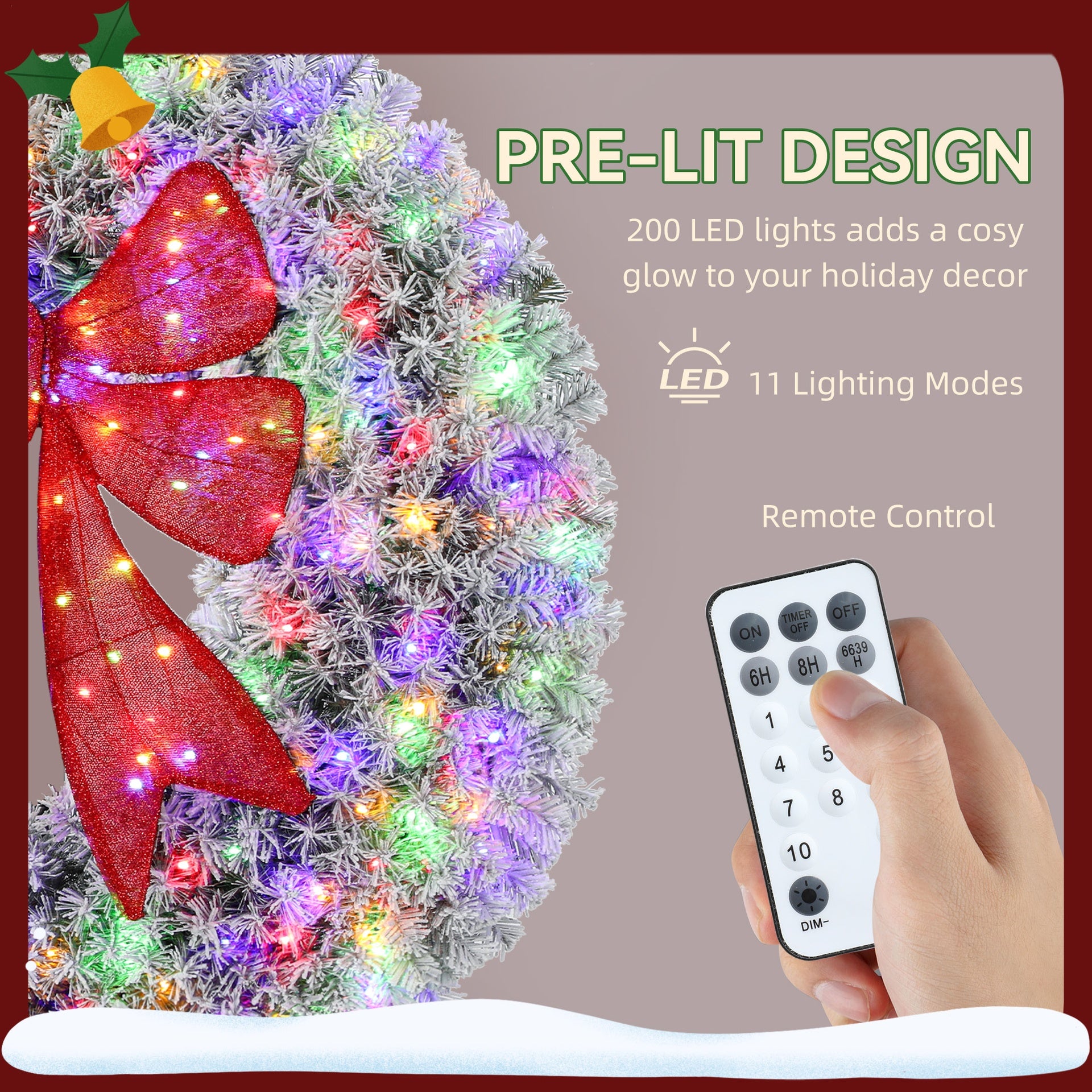 HOMCOM 48in Flocked Pre-Lit Christmas Wreath with 3D Red Bow, 11 Lighting Modes, Front Door Christmas Wreath with Remote