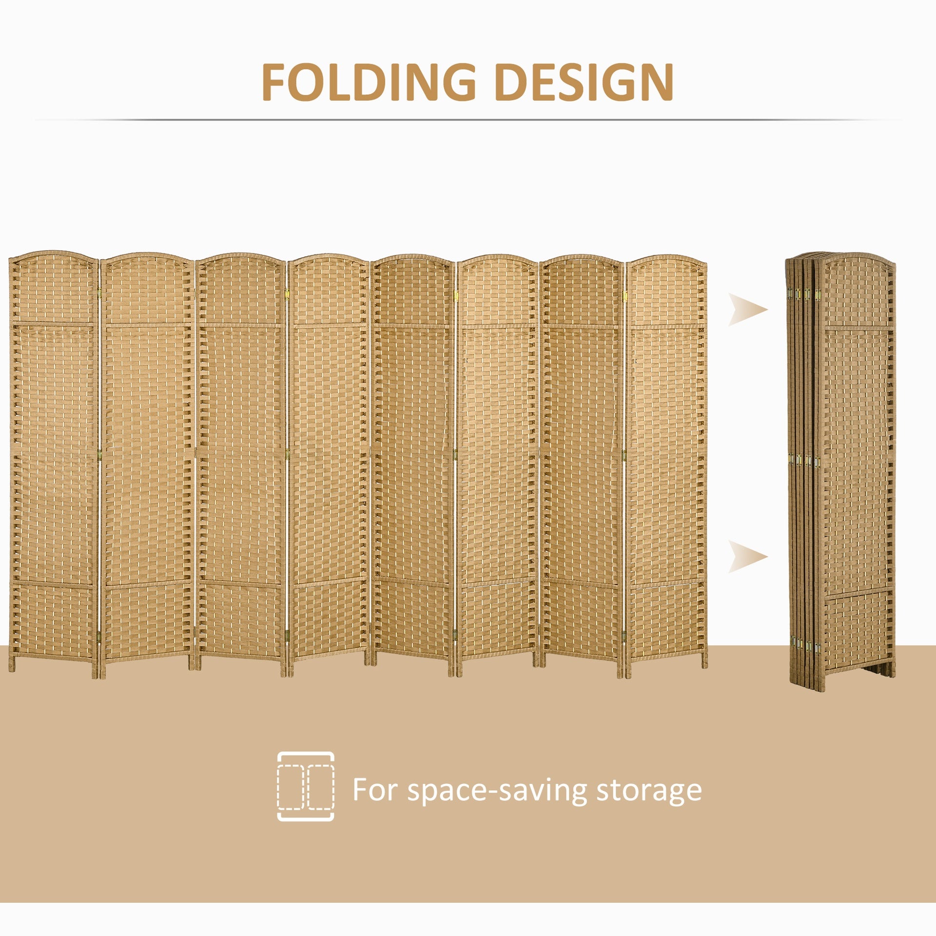 HOMCOM Folding Room Divider Screen 8 Panel 5.6 ' Tall Privacy Screen Freestanding Room Partition for Home Office, Nature Wood