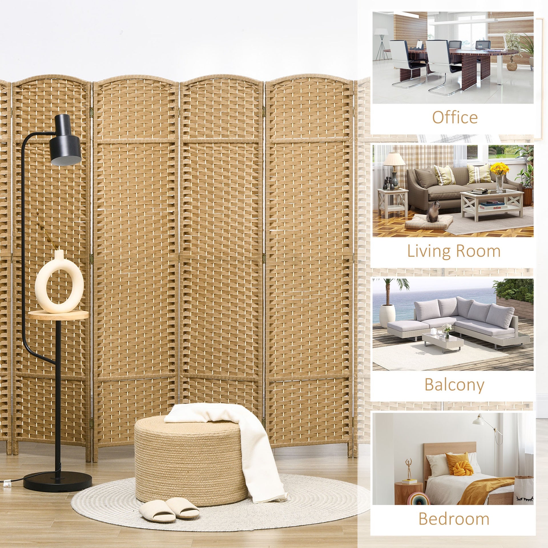 HOMCOM Folding Room Divider Screen 8 Panel 5.6 ' Tall Privacy Screen Freestanding Room Partition for Home Office, Nature Wood