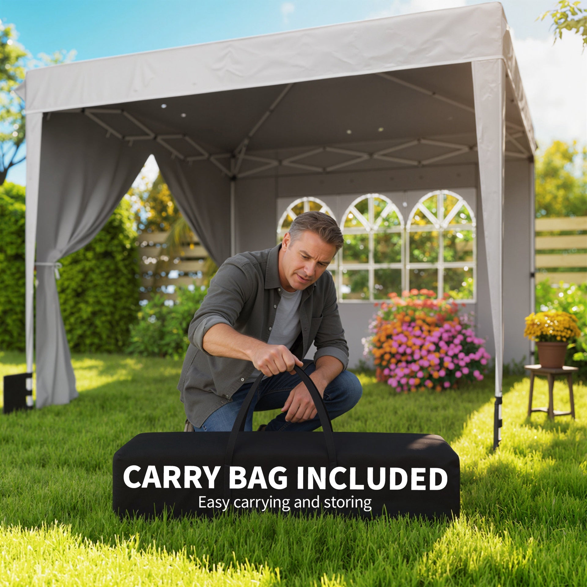 Outsunny 10 x 10 ft Pop Up Canopy Tent with Sidewalls, UPF50+ Outdoor Portable Instant Canopy Shelter with Carry Bag, Light Gray