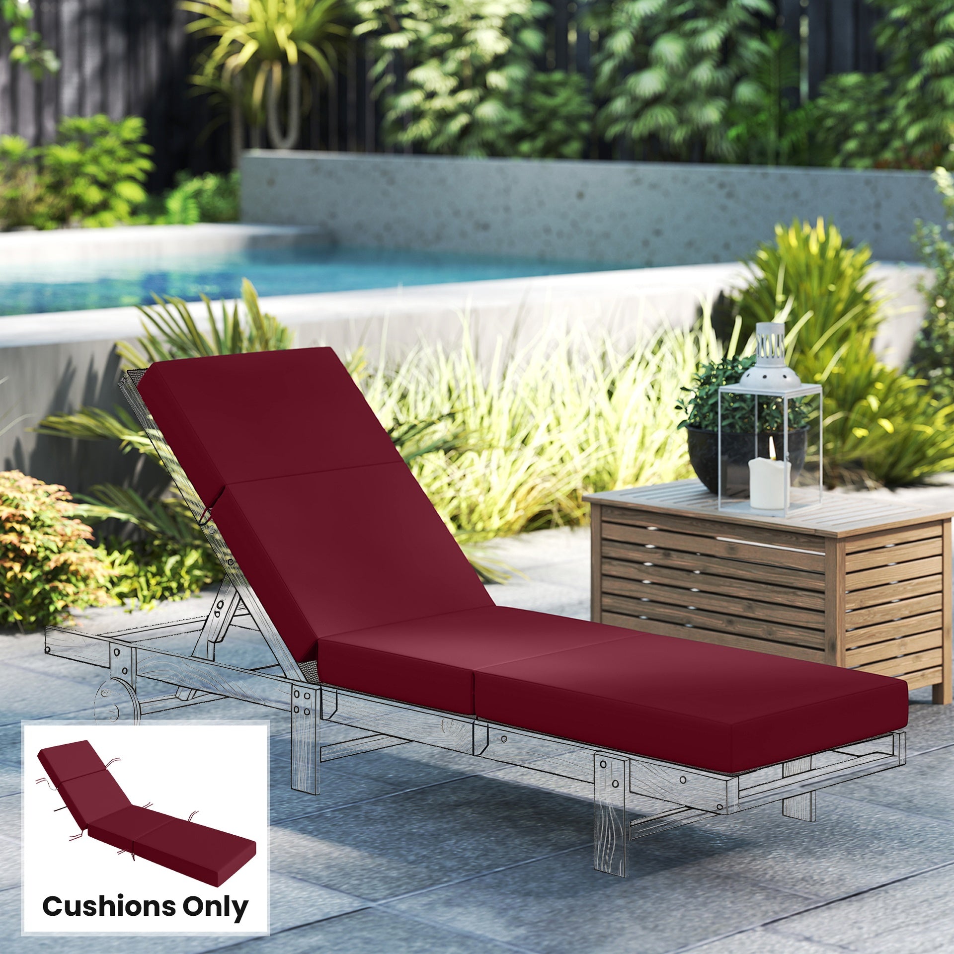 Outsunny Chaise Lounge Cushion, 4" Thick Outdoor Lounge Chair Cushion with Ties for Patio, 21" x 72", Red