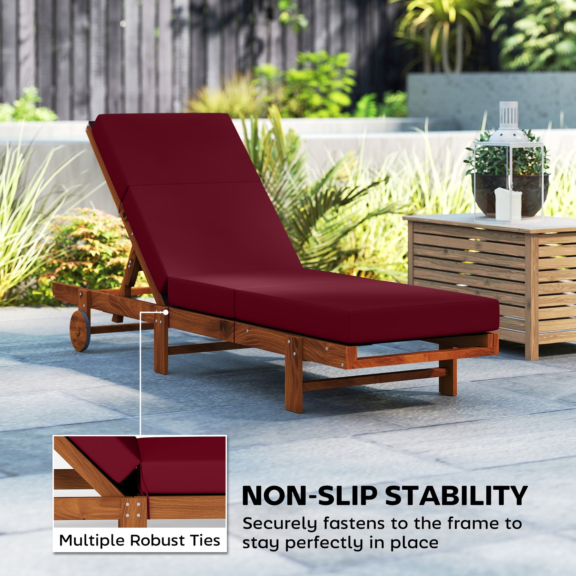 Outsunny Chaise Lounge Cushion, 4" Thick Outdoor Lounge Chair Cushion with Ties for Patio, 21" x 72", Red