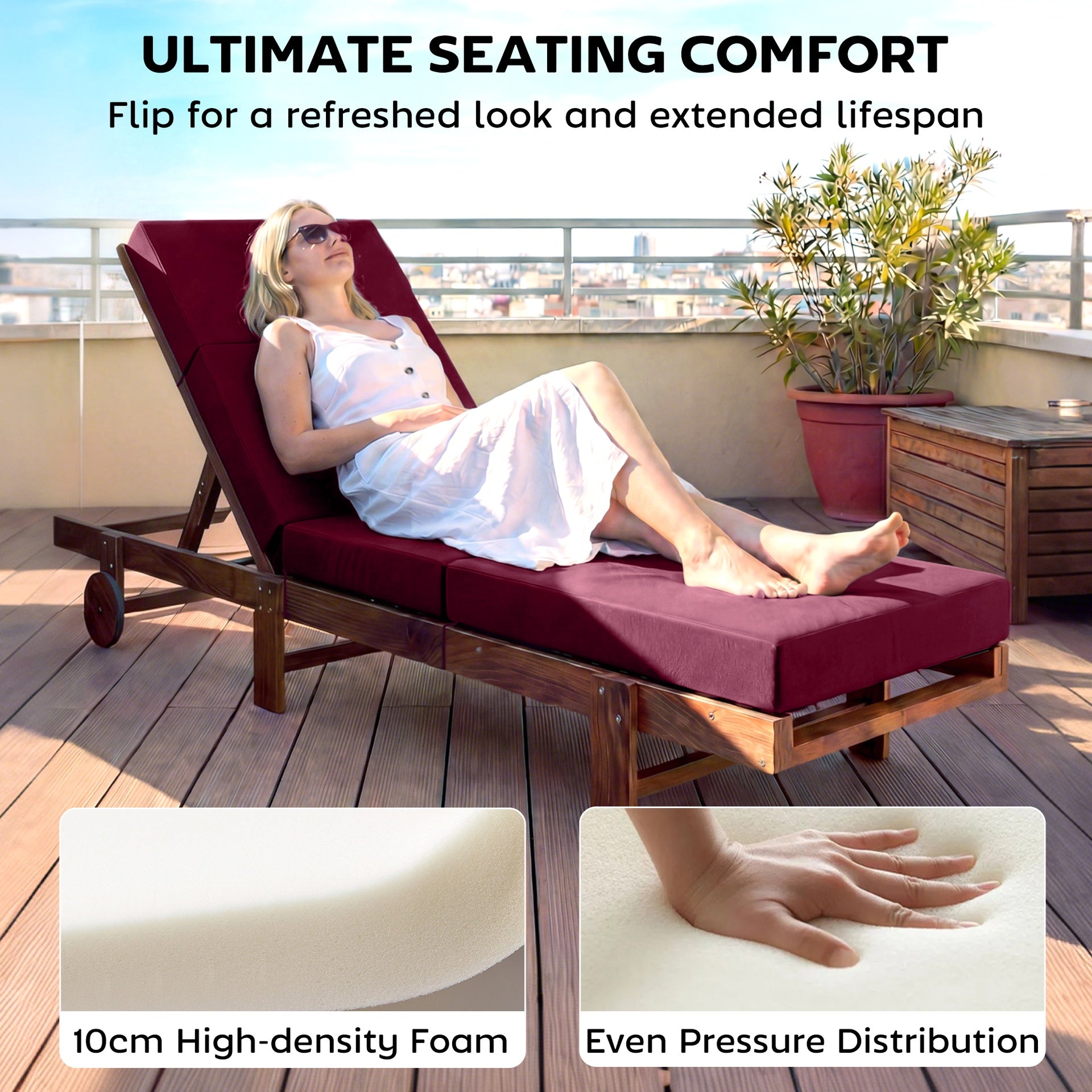 Outsunny Chaise Lounge Cushion, 4" Thick Outdoor Lounge Chair Cushion with Ties for Patio, 21" x 72", Red