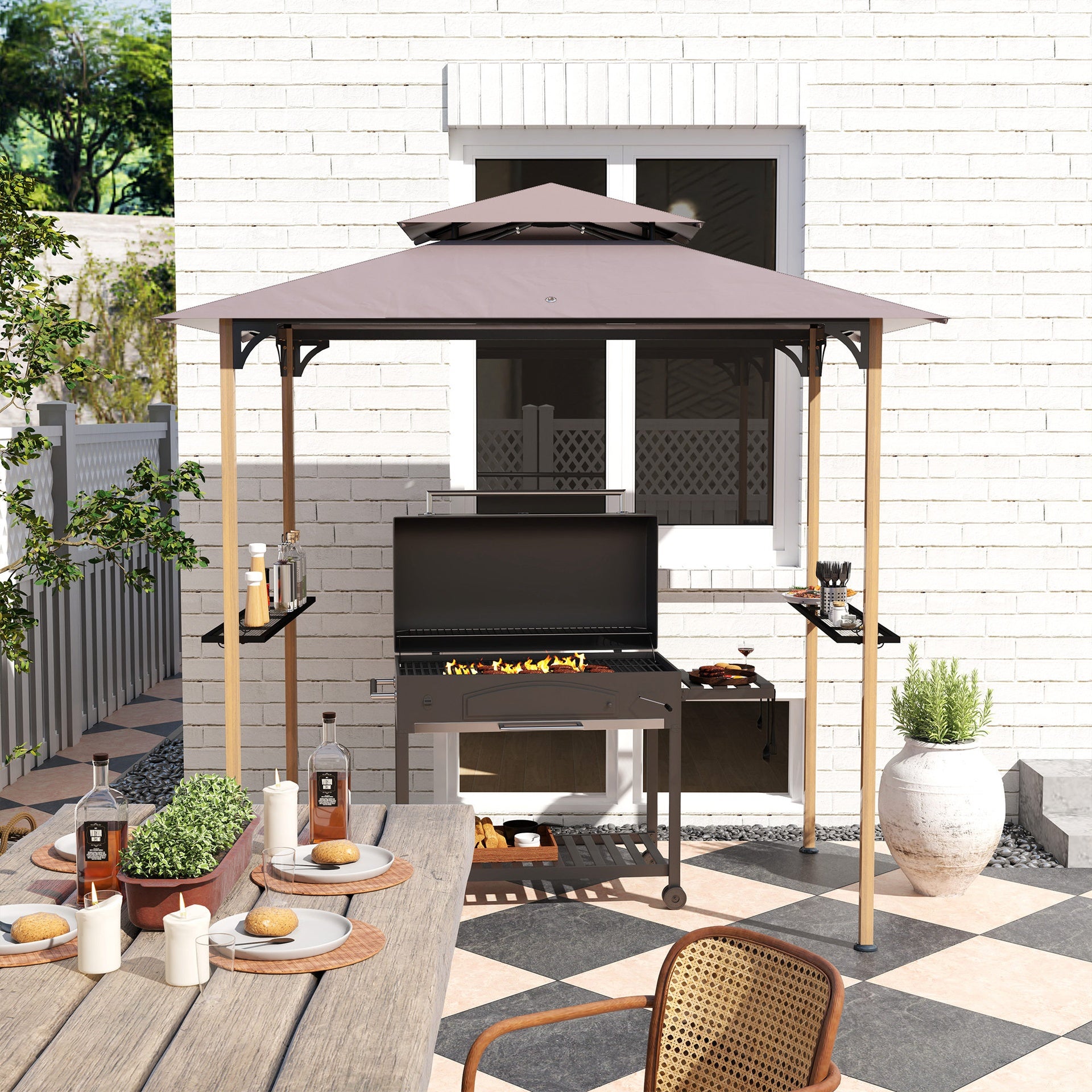 Outsunny 8' x 5' Grill Gazebo, Double Tiered Barbecue Grill Gazebo Shelter with 2 Side Shelves and 10 Hooks for Patio, Garden