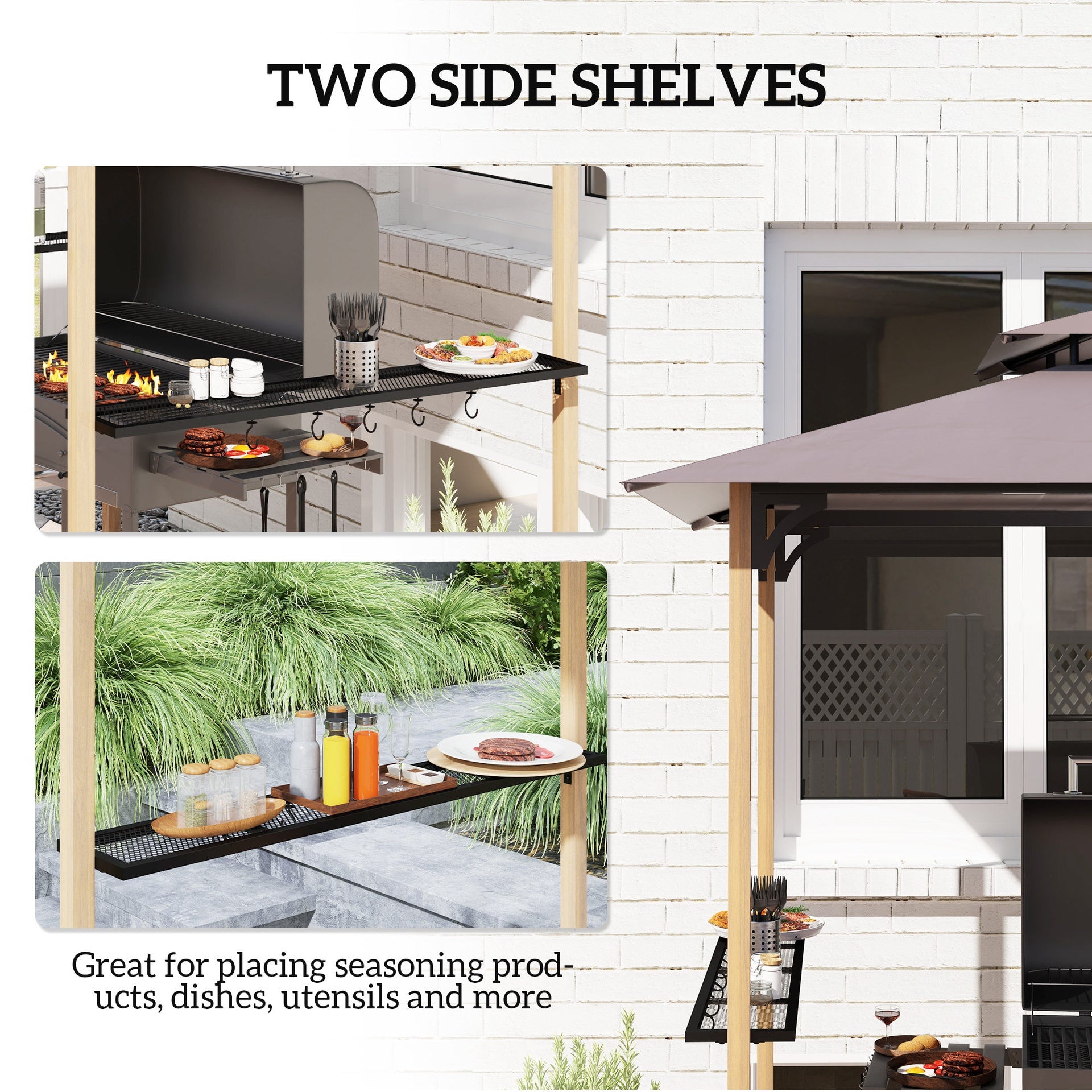 Outsunny 8' x 5' Grill Gazebo, Double Tiered Barbecue Grill Gazebo Shelter with 2 Side Shelves and 10 Hooks for Patio, Garden