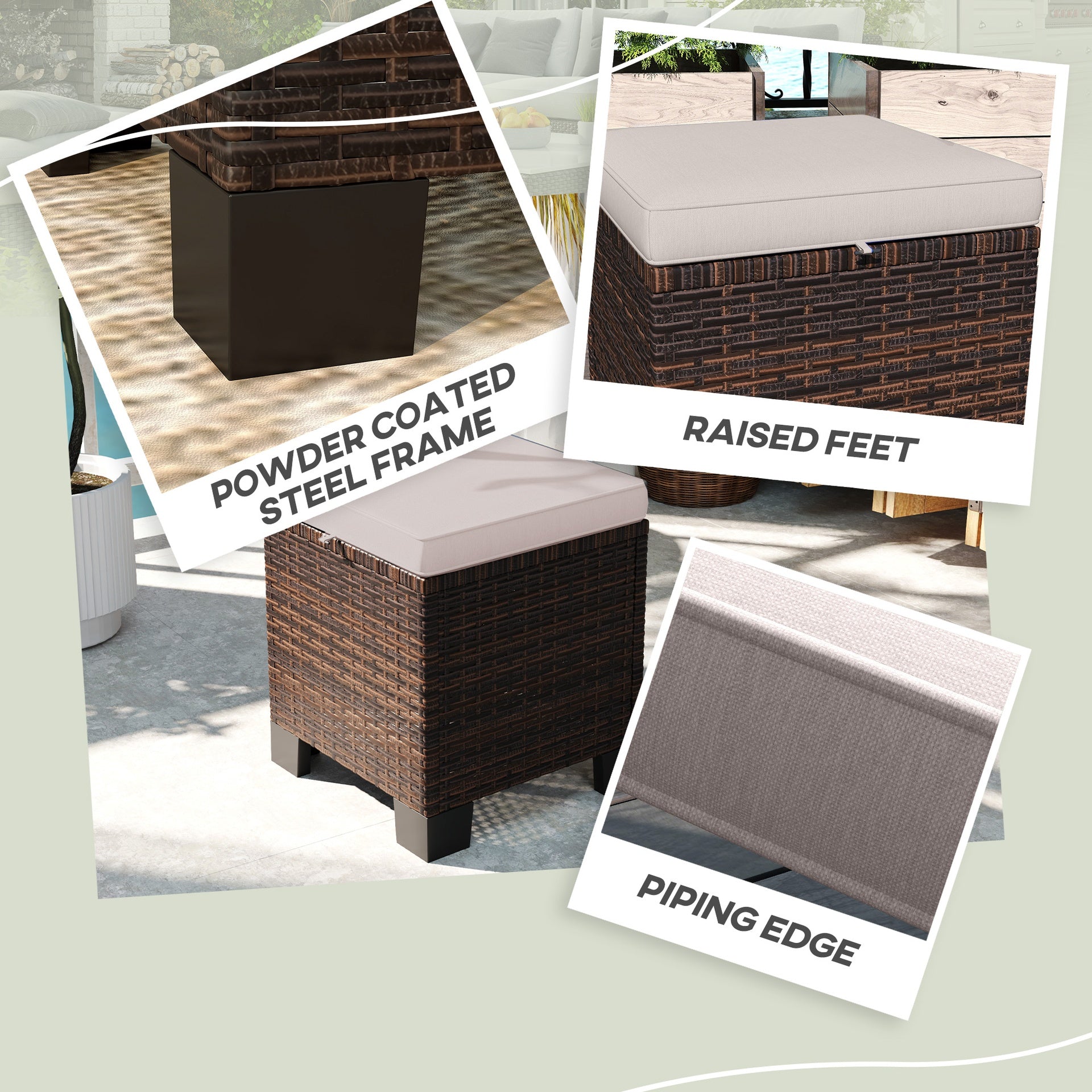 Outsunny 2 Piece Wicker Outdoor Ottomans with Cushions, Rattan Ottoman Footrest and Side Table for Patio, Yard, Poolside, Cream
