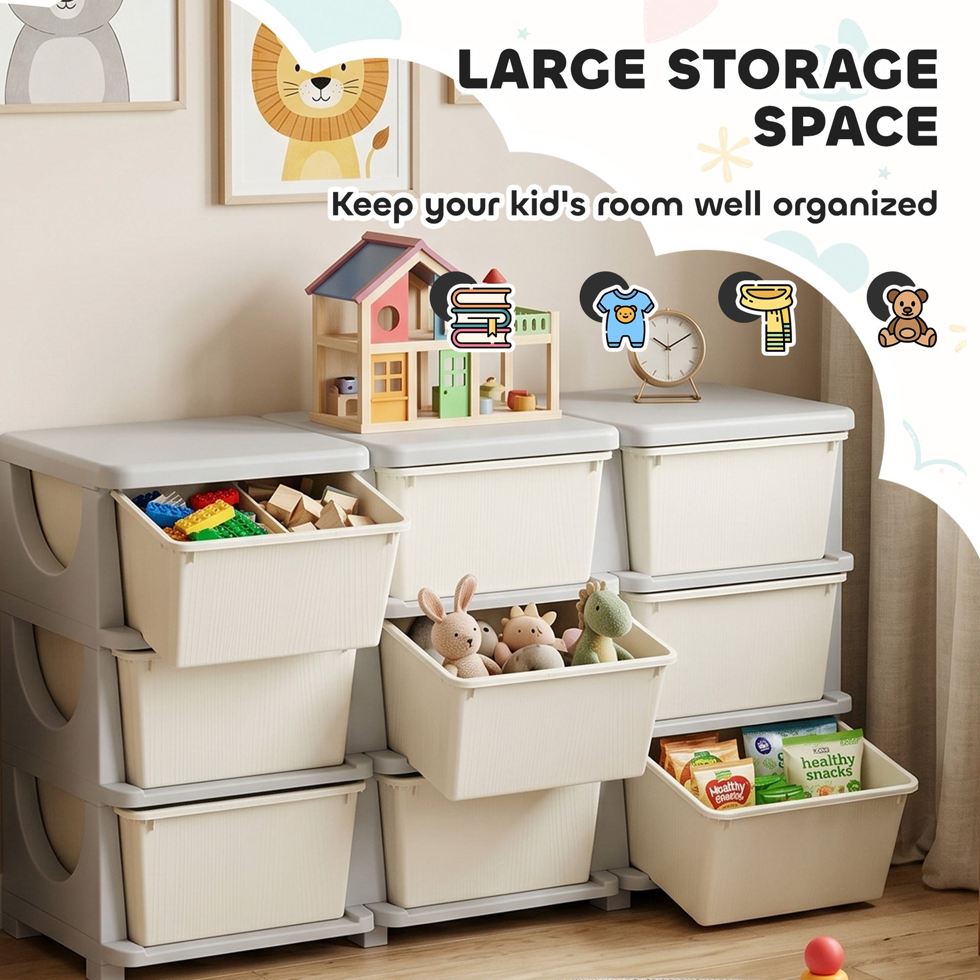 Qaba 29.5" 3 Tier Kids Storage Unit Dresser Tower w/ 9 Drawers, Cream White