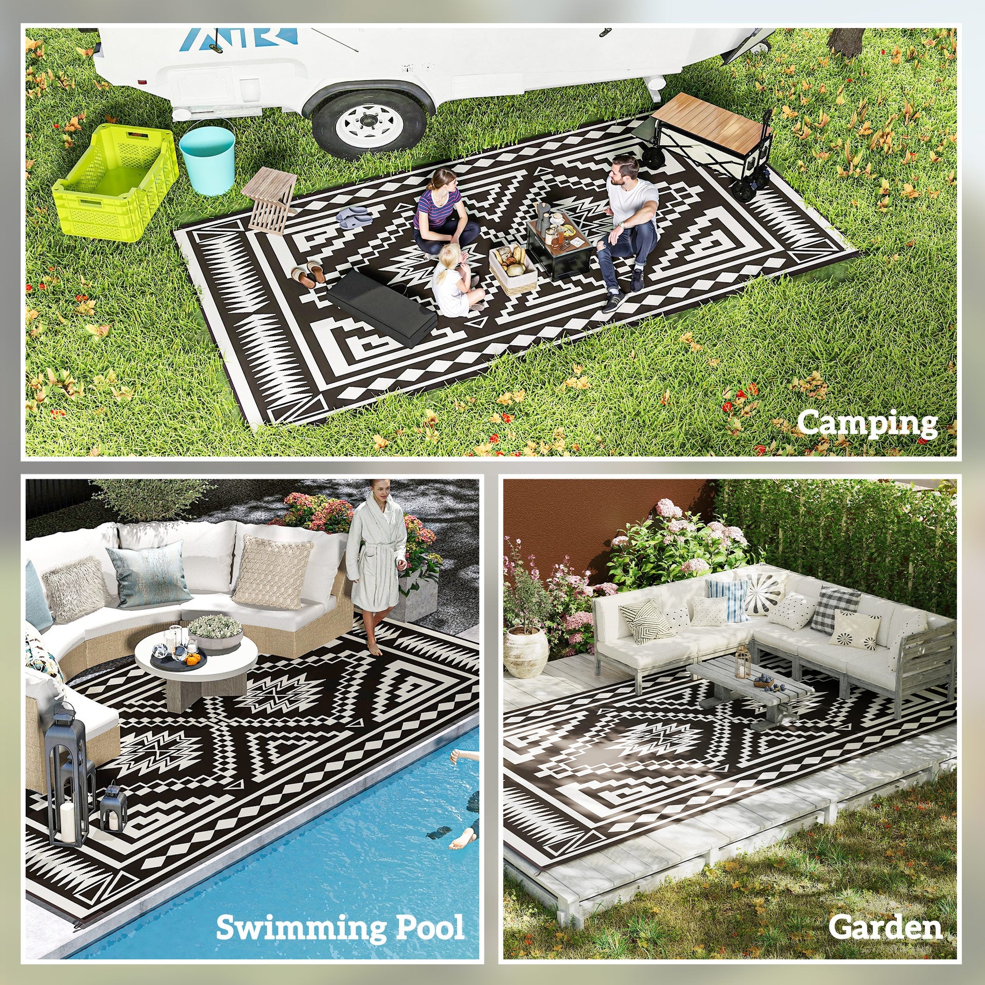 Outsunny Reversible Outdoor Rug, Waterproof Plastic Straw with Carry Bag, 9' x 18', Black & White Square Patchwork
