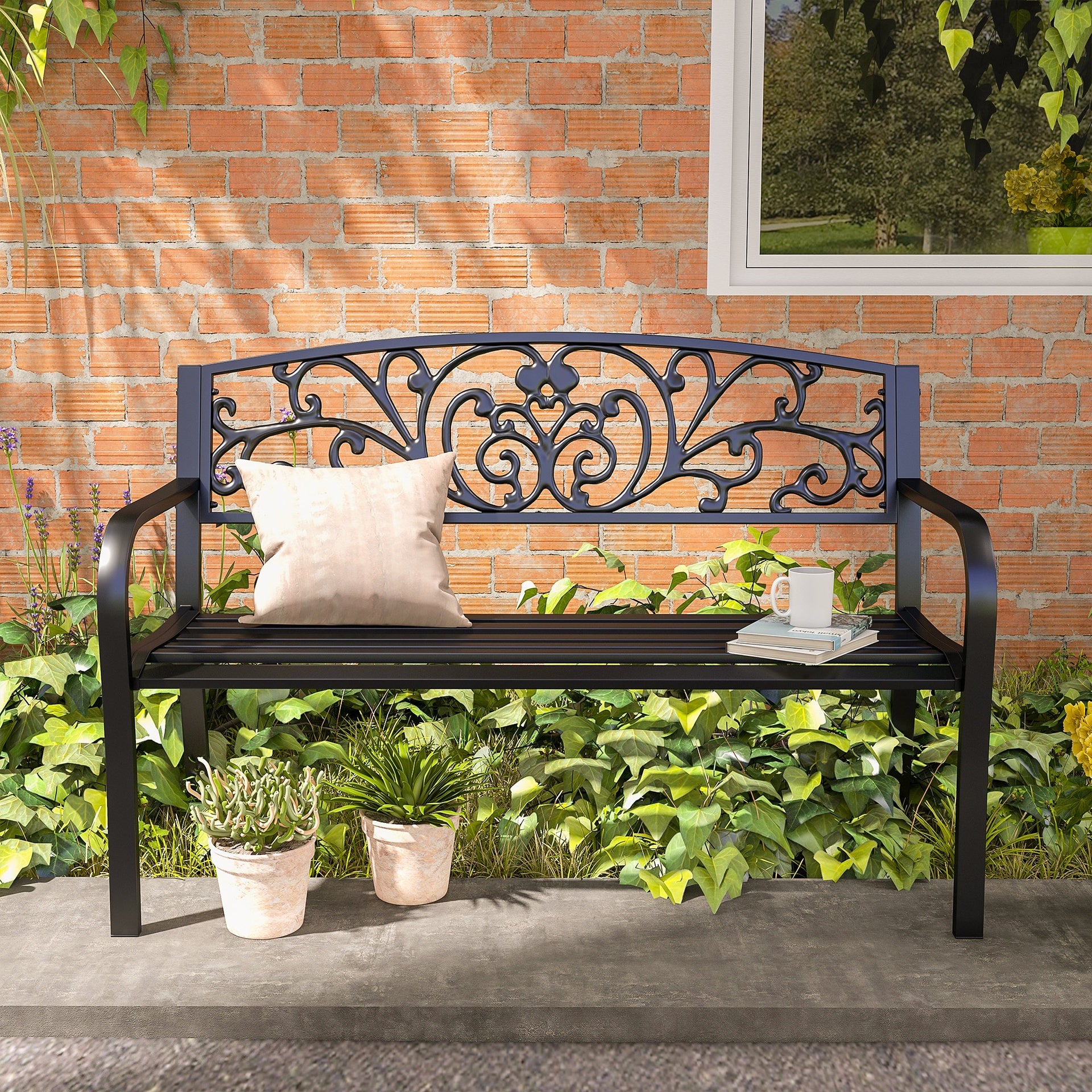 Outsunny 50" Blossoming Pattern Garden Decorative Patio Park Bench with Beautiful Floral Design & Relaxing Comfortable Build