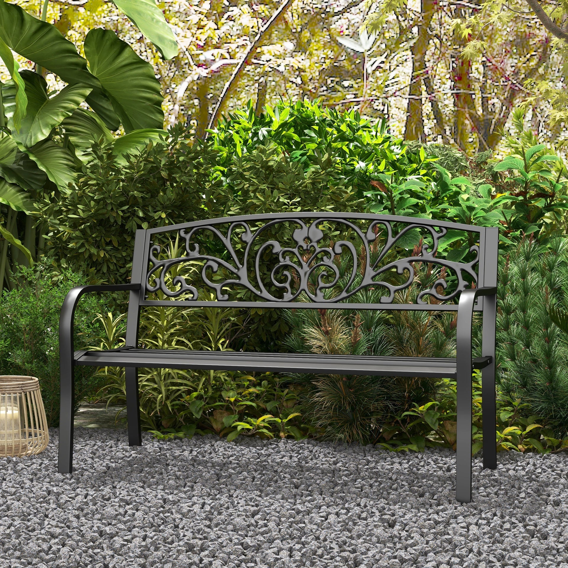 Outsunny 50" Blossoming Pattern Garden Decorative Patio Park Bench with Beautiful Floral Design & Relaxing Comfortable Build