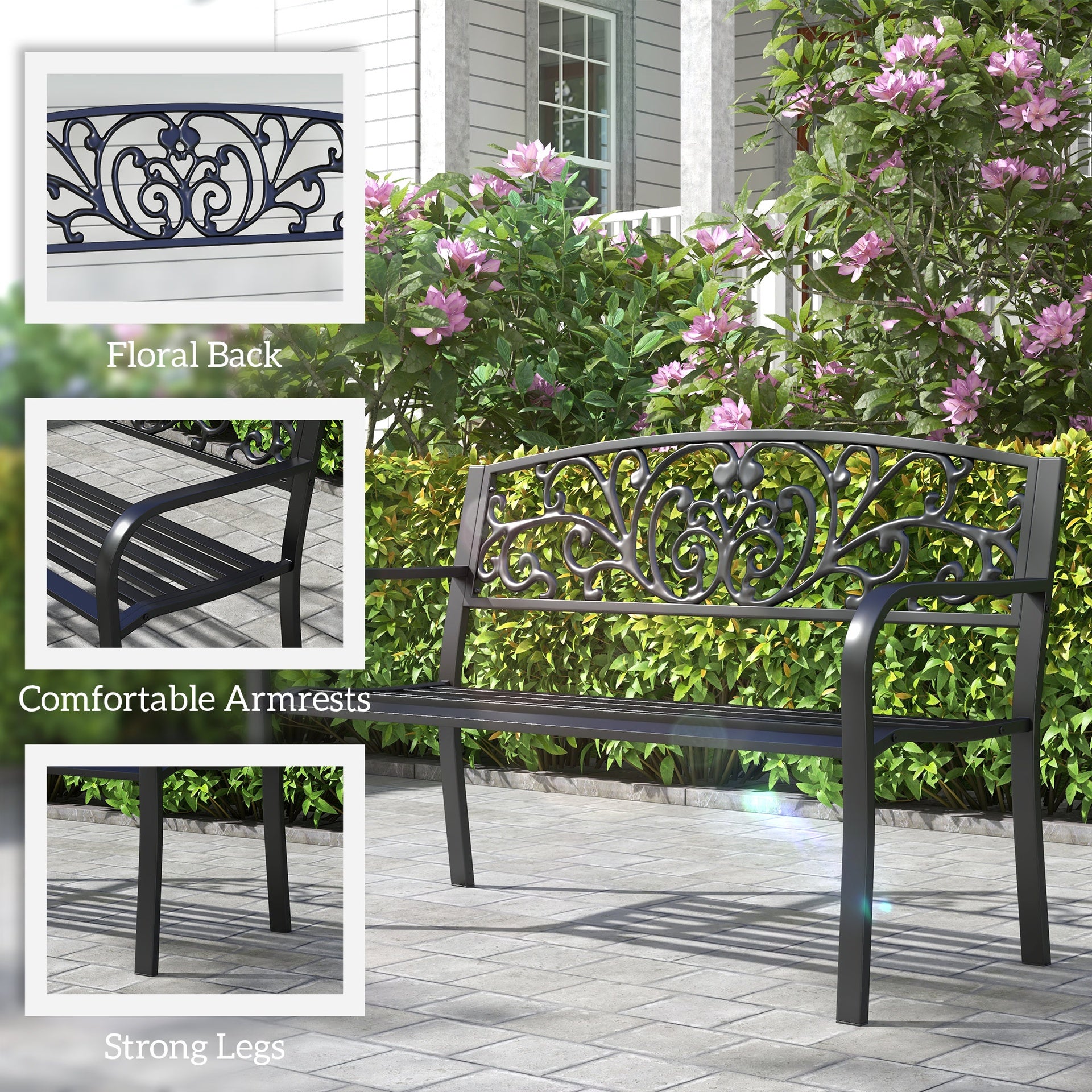 Outsunny 50" Blossoming Pattern Garden Decorative Patio Park Bench with Beautiful Floral Design & Relaxing Comfortable Build