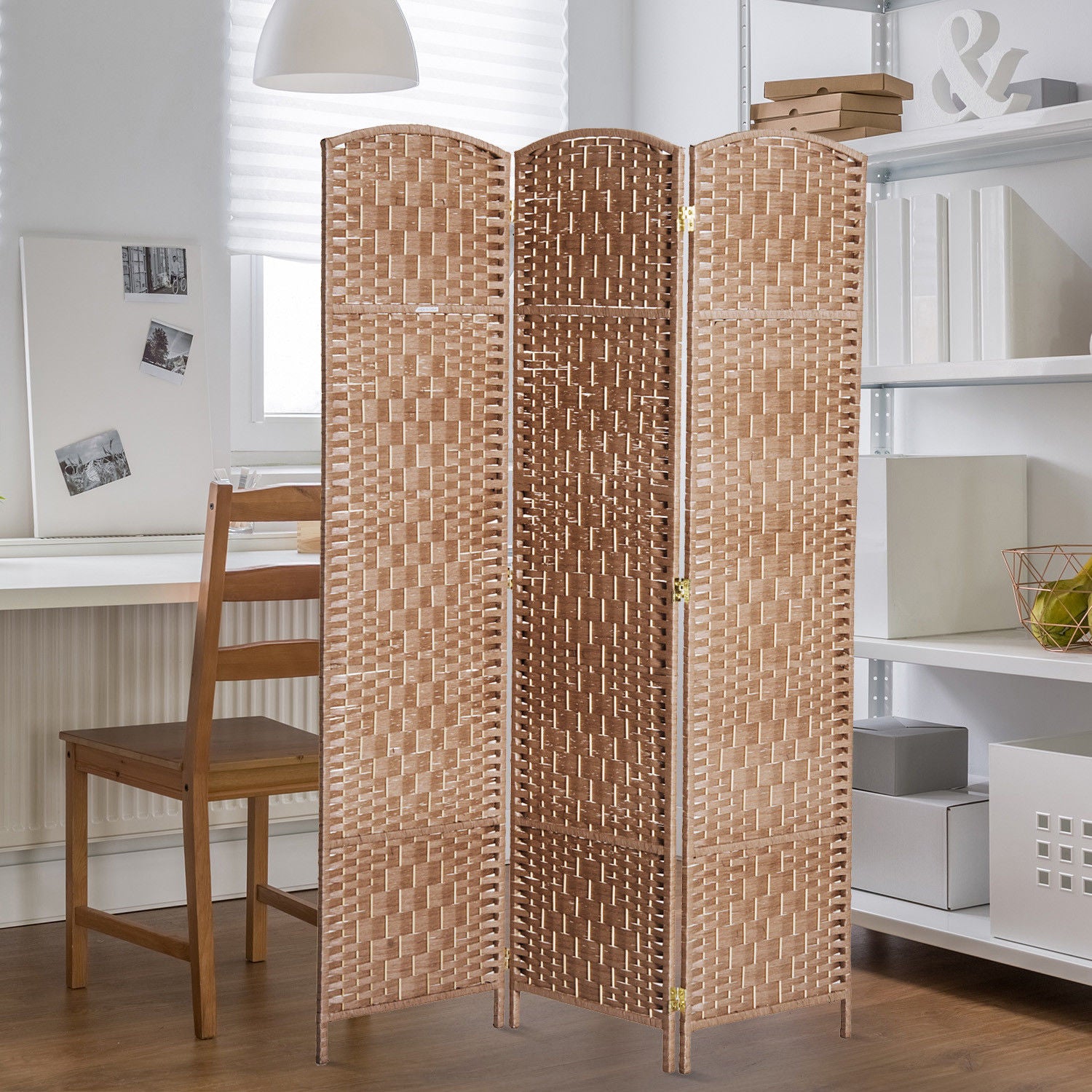 HOMCOM 6' Tall Wicker Weave 3 Panel Room Divider Wall Divider, Natural Wood