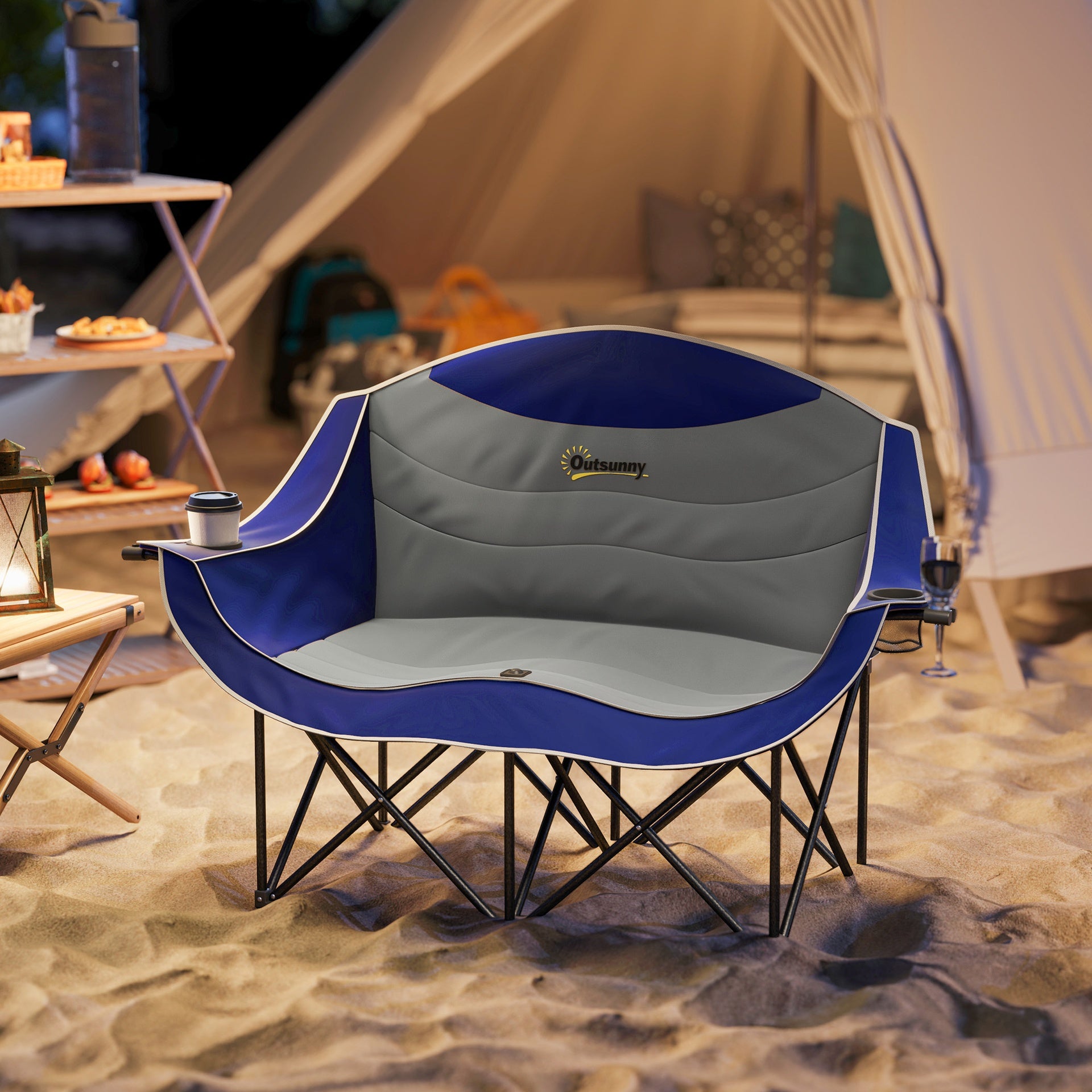 Outsunny Padded Folding Camp Chair for Adults, Double Camping Chair with Armrests, Cup Holders, Carry Bag for Outdoor, Blue