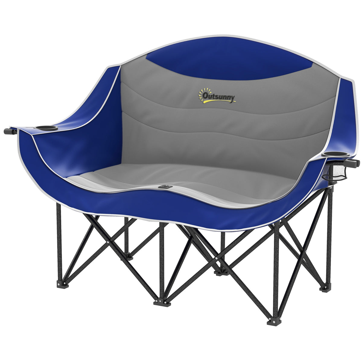 Outsunny Padded Folding Camp Chair for Adults, Double Camping Chair with Armrests, Cup Holders, Carry Bag for Outdoor, Blue