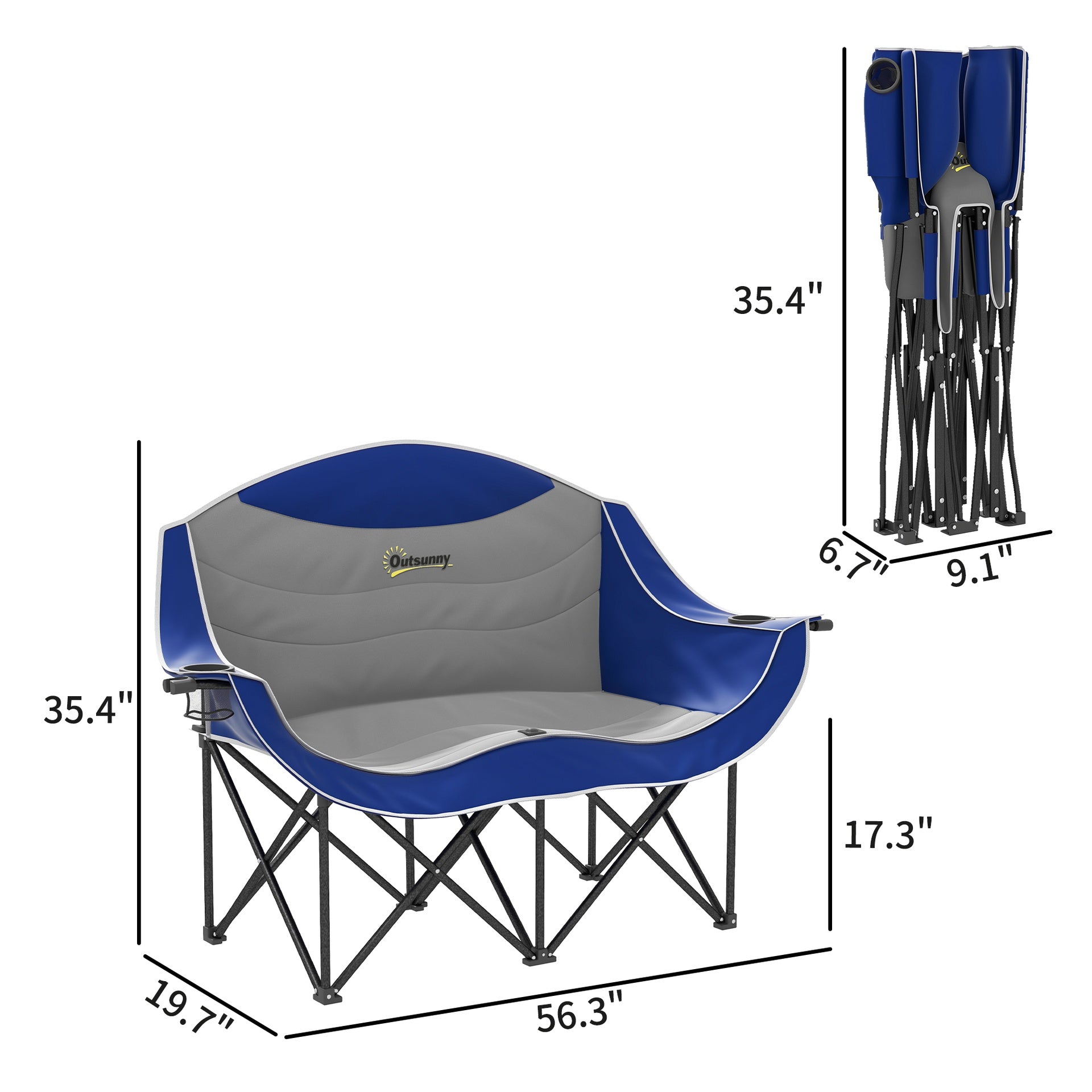 Outsunny Padded Folding Camp Chair for Adults, Double Camping Chair with Armrests, Cup Holders, Carry Bag for Outdoor, Blue