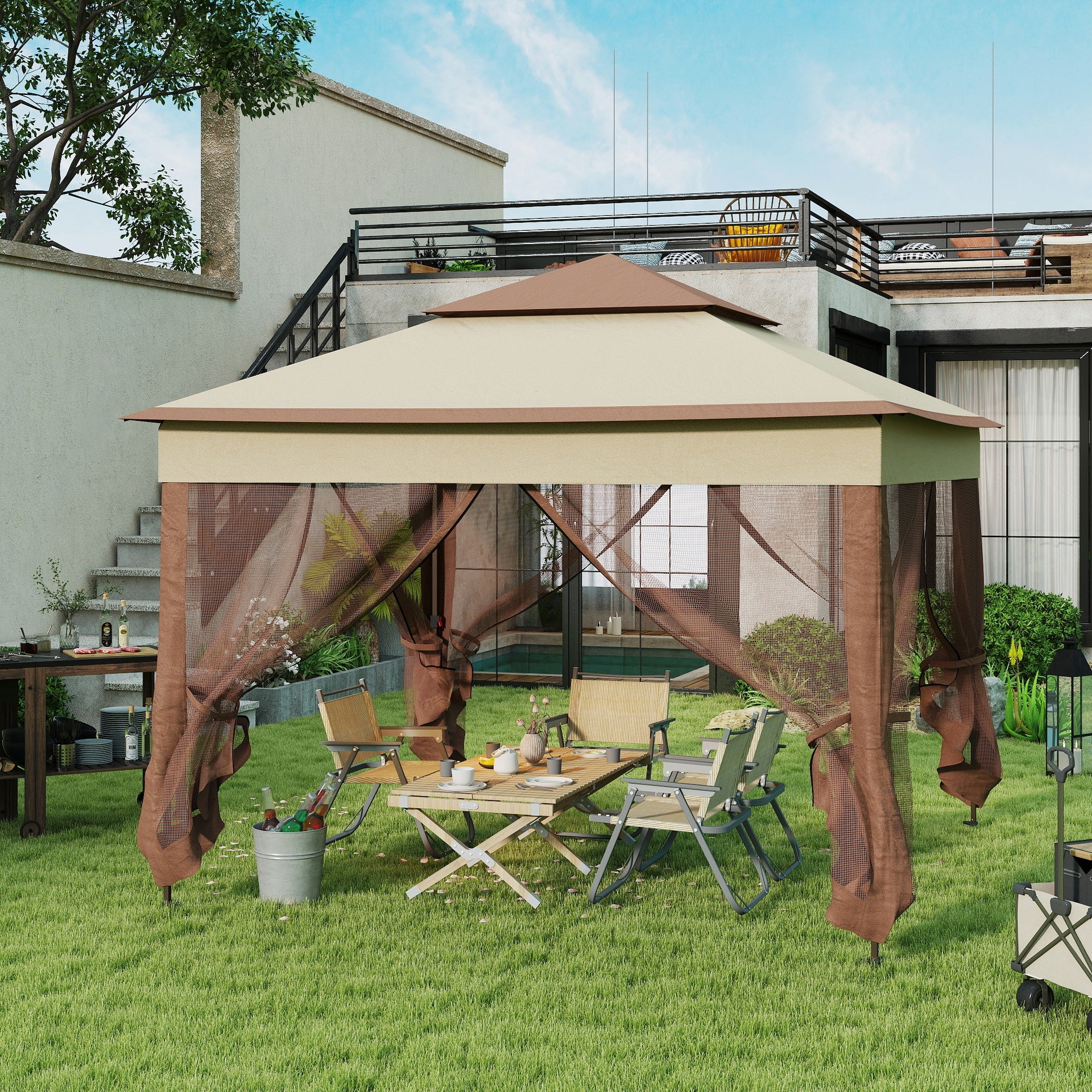 Outsunny Outdoor Patio Pop Up Canopy Gazebo Shelter with Zipper Netting, Carry Bag, 11' x 11', Khaki