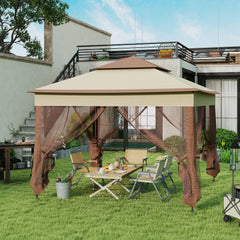 Outsunny Outdoor Patio Pop Up Canopy Gazebo Shelter with Zipper Netting, Carry Bag, 11' x 11', Khaki