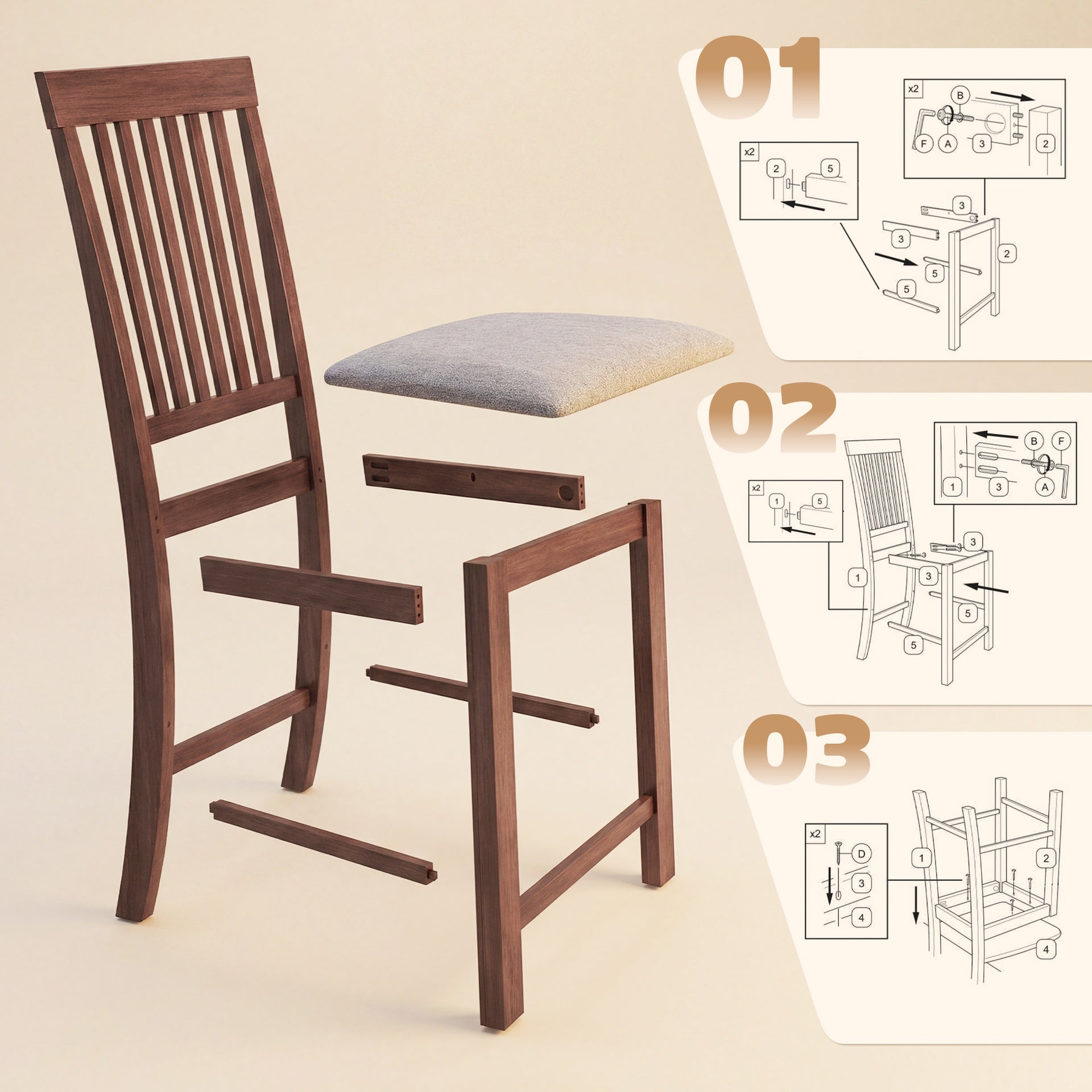 HOMCOM Counter Height Bar Stools with Padded Seat, High Back Kitchen Chairs Set of 2 for Dining Room, Gray and Dark Brown