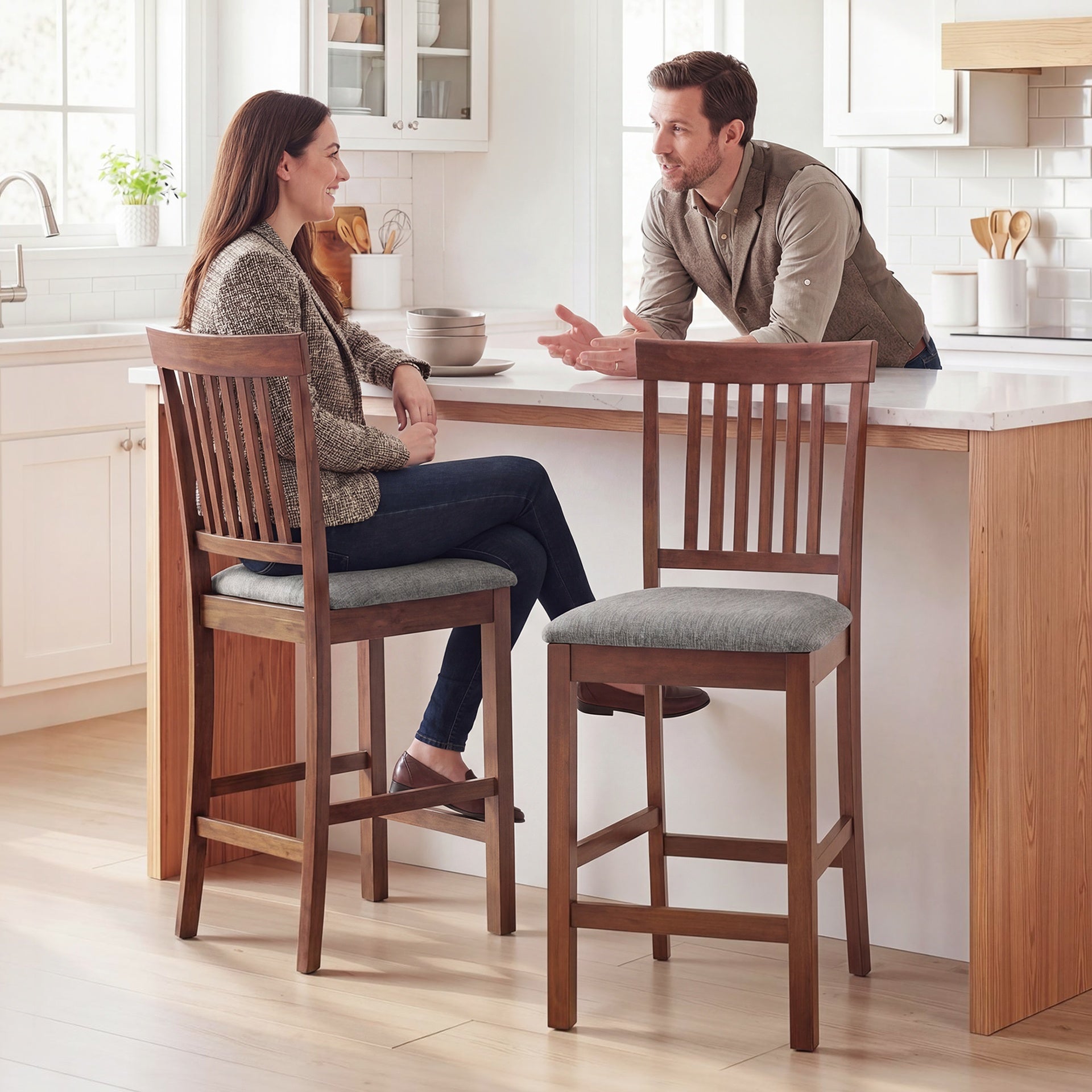 HOMCOM Counter Height Bar Stools with Padded Seat, High Back Kitchen Chairs Set of 2 for Dining Room, Gray and Dark Brown