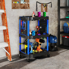HOMCOM 3-Tier Rolling Tool Cart, 200 LBS Capacity Plastic Utility Cart with Side Shelves for Garage Workshop, Black & Dark Blue