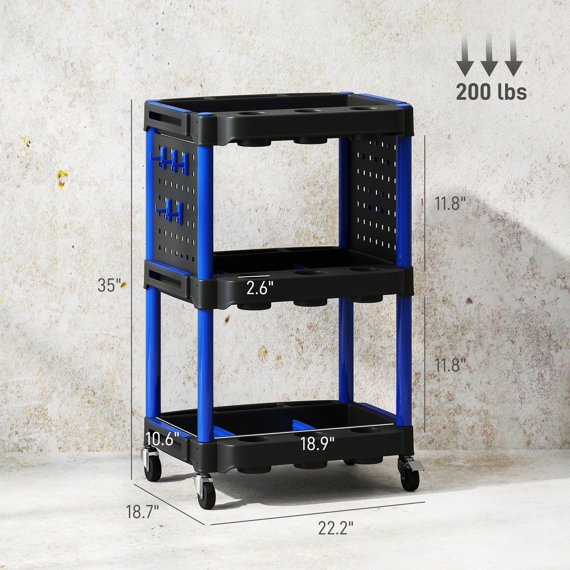 HOMCOM 3-Tier Rolling Tool Cart, 200 LBS Capacity Plastic Utility Cart with Side Shelves for Garage Workshop, Black & Dark Blue