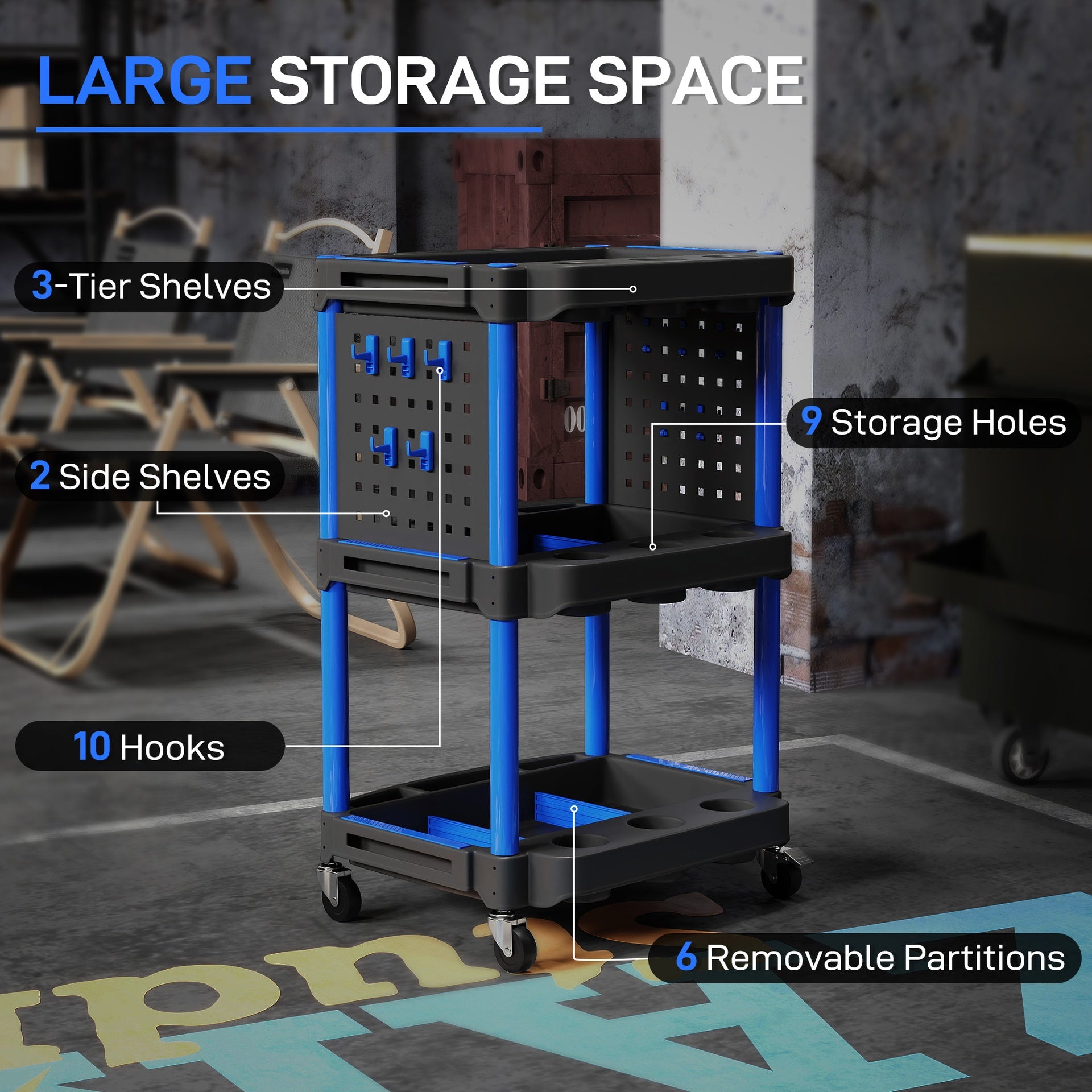 HOMCOM 3-Tier Rolling Tool Cart, 200 LBS Capacity Plastic Utility Cart with Side Shelves for Garage Workshop, Black & Dark Blue