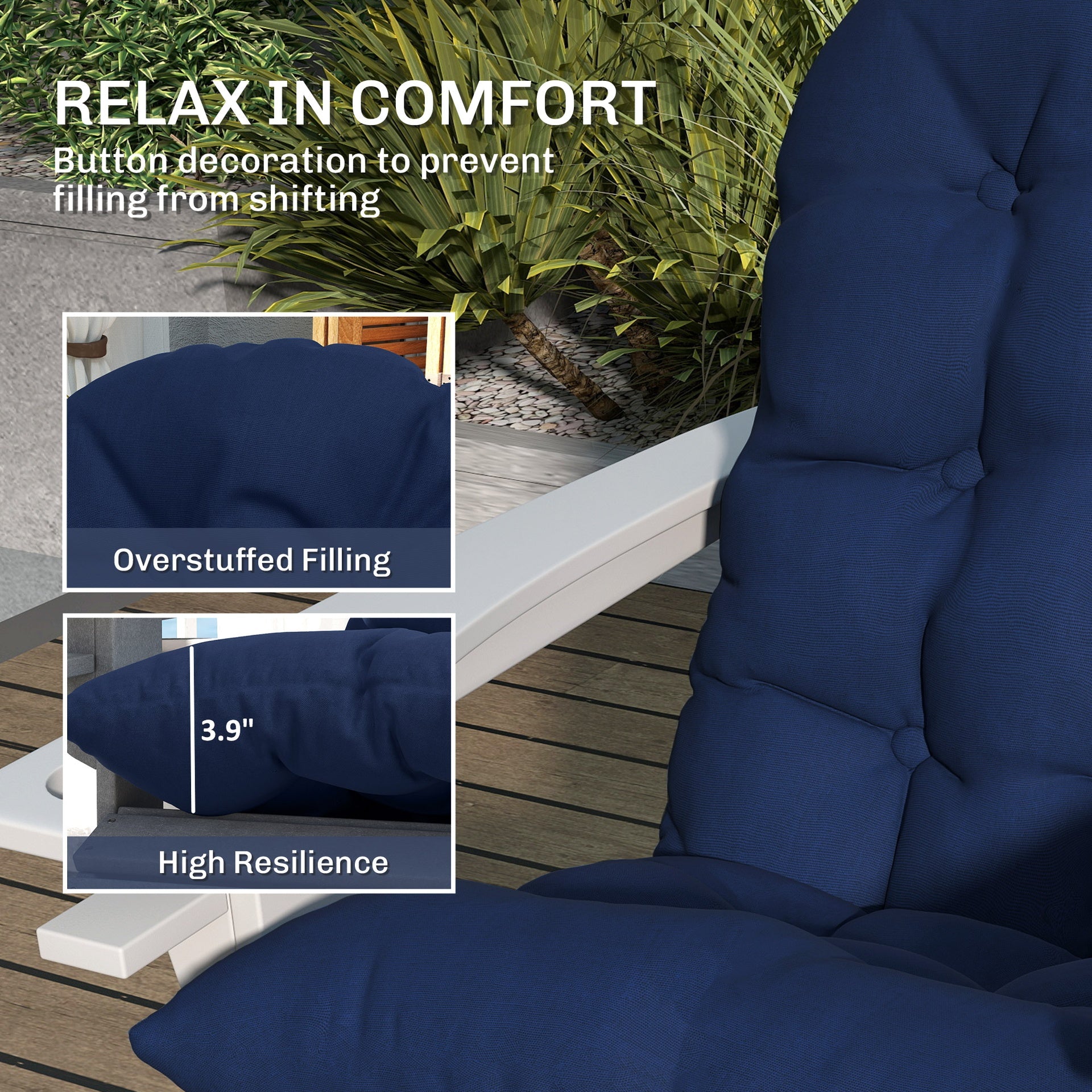 Outsunny Adirondack Chair Cushions Set of 2, Tufted High Back Patio Non-Slip Cushions for Adirondack Chairs, Navy Blue