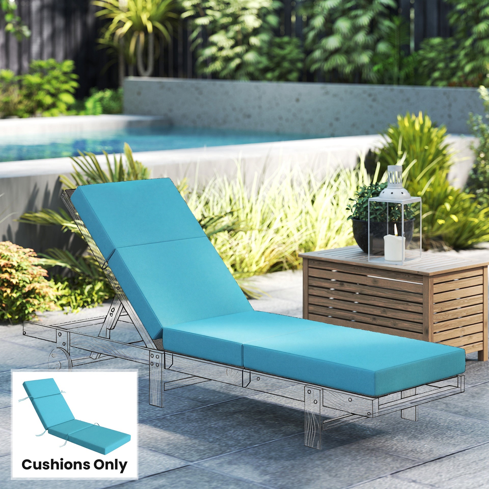 Outsunny Chaise Lounge Cushion, 4" Thick Outdoor Lounge Chair Cushion with Ties for Patio, 21" x 72", Blue