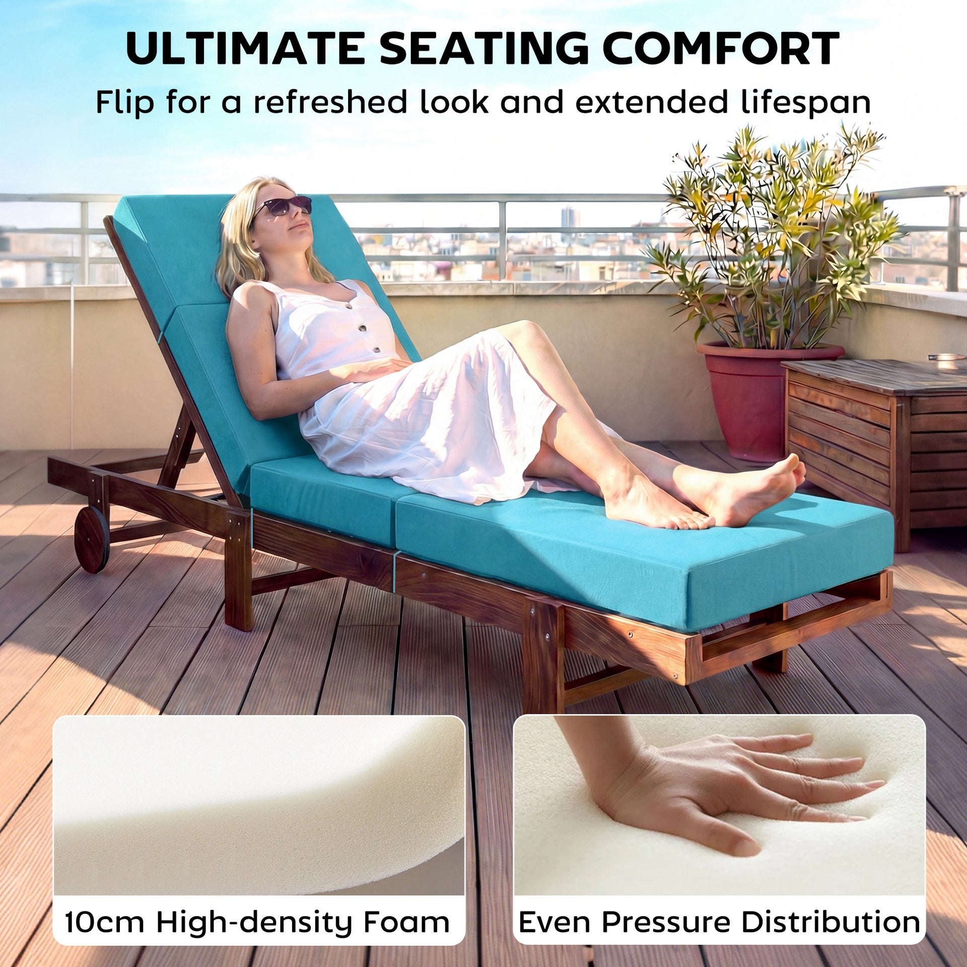 Outsunny Chaise Lounge Cushion, 4" Thick Outdoor Lounge Chair Cushion with Ties for Patio, 21" x 72", Blue