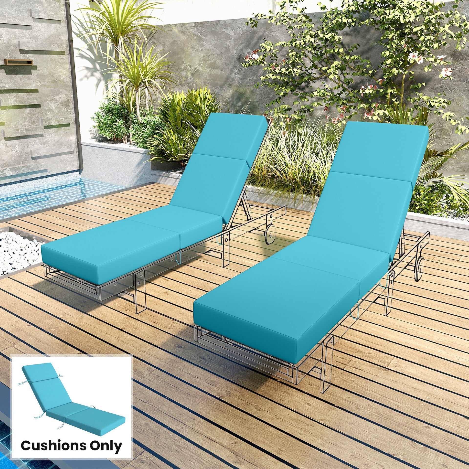 Outsunny Chaise Lounge Cushion, 4" Thick Outdoor Lounge Chair Cushion with Ties for Patio, 21" x 72", Blue