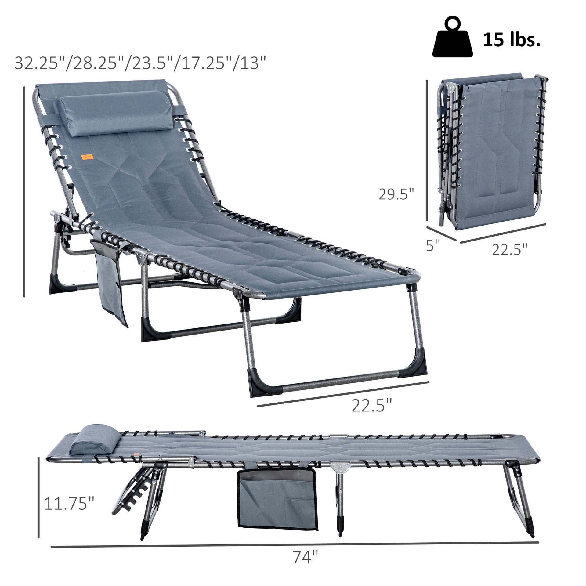 Outsunny Padded Folding Chaise Lounge Chair, Outdoor 6-Level Reclining Camping Tanning Chair with Headrest for Beach, Yard, Patio, Pool, Gray