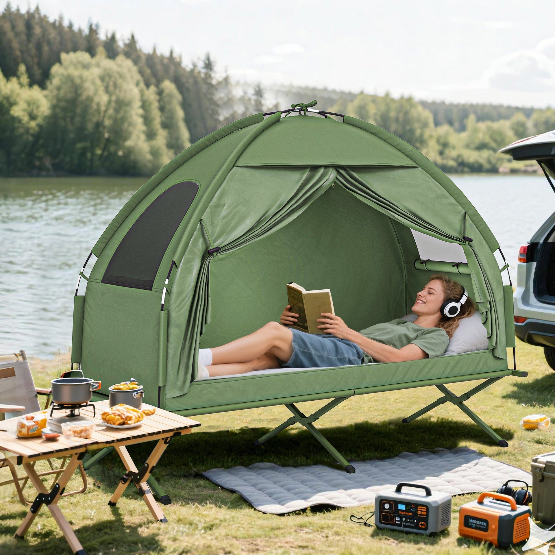 Outsunny Camping Tent Cot, Single Person Folding Cot Combo, Off-Ground Tent, Covered Outdoor Bed with Carry Bag for Hiking, Camping