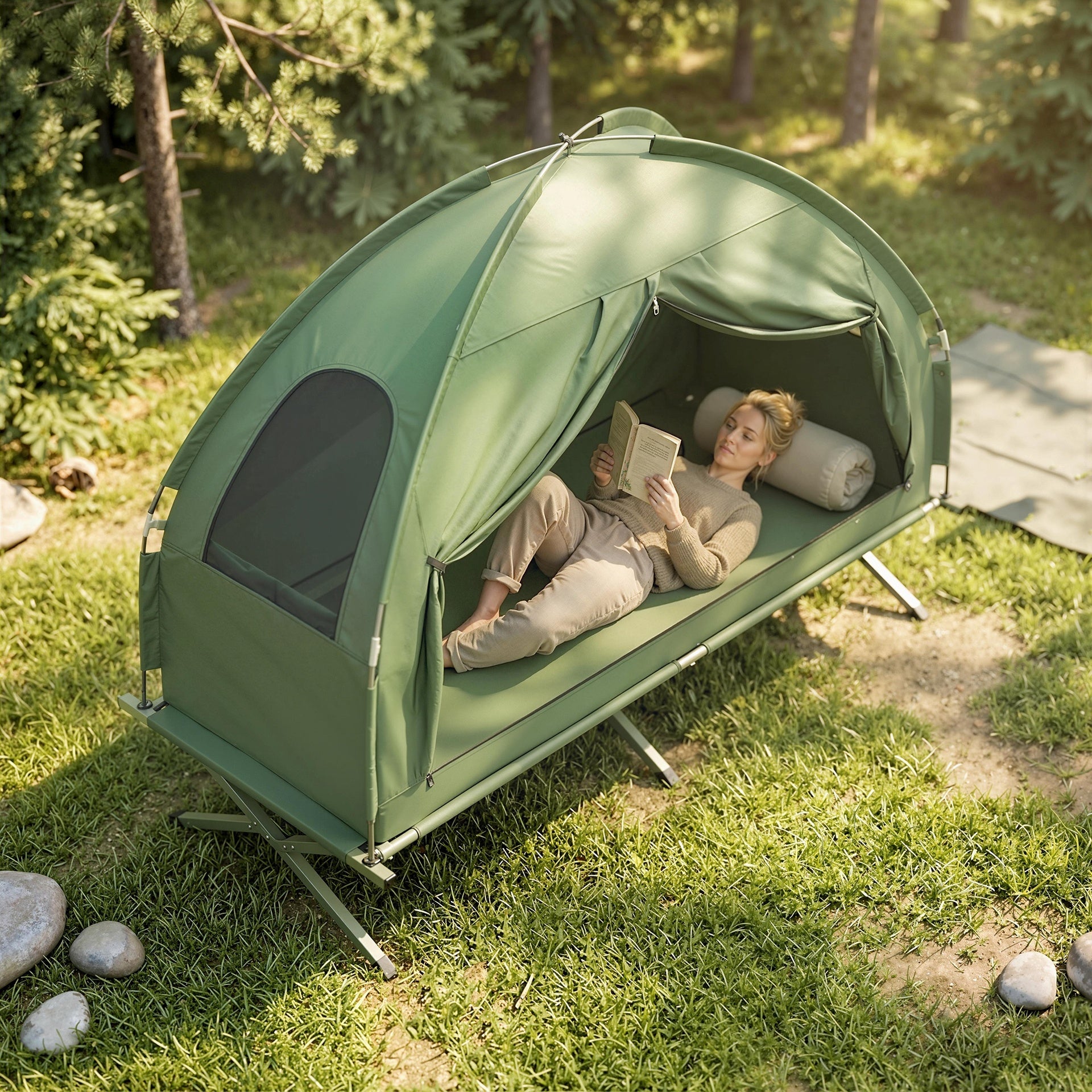 Outsunny Camping Tent Cot, Single Person Folding Cot Combo, Off-Ground Tent, Covered Outdoor Bed with Carry Bag for Hiking, Camping
