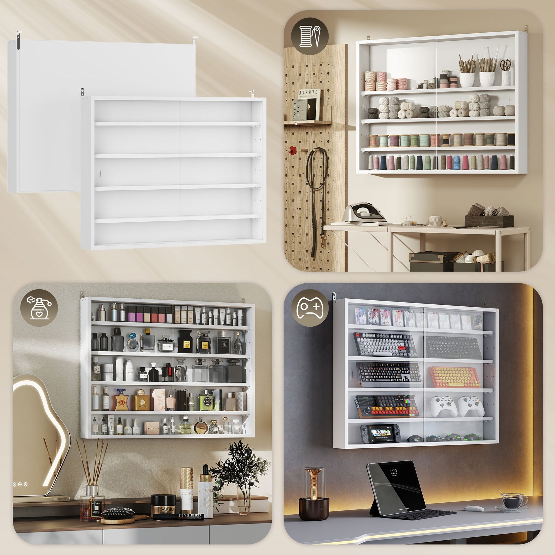 HOMCOM 5-Tier Display Cabinet, Wall-Mounted Display Case with 2 Glass Doors and Adjustable Shelves, White