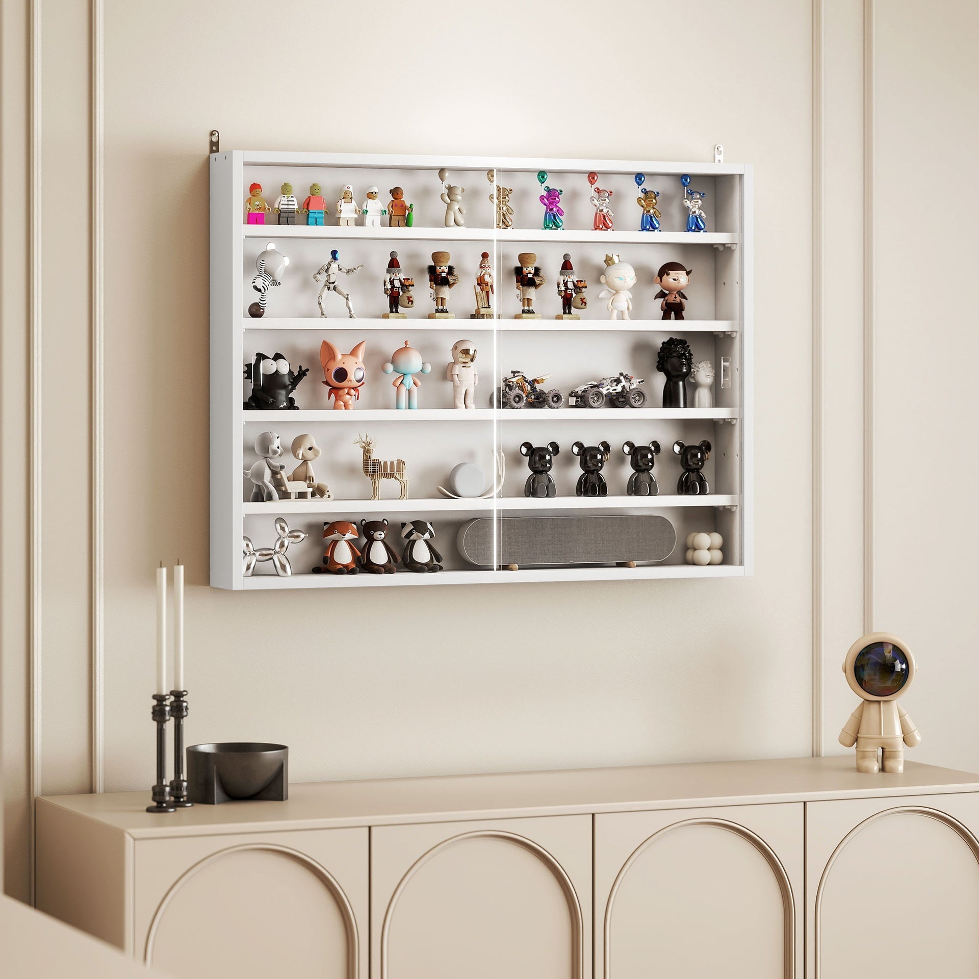 HOMCOM 5-Tier Display Cabinet, Wall-Mounted Display Case with 2 Glass Doors and Adjustable Shelves, White