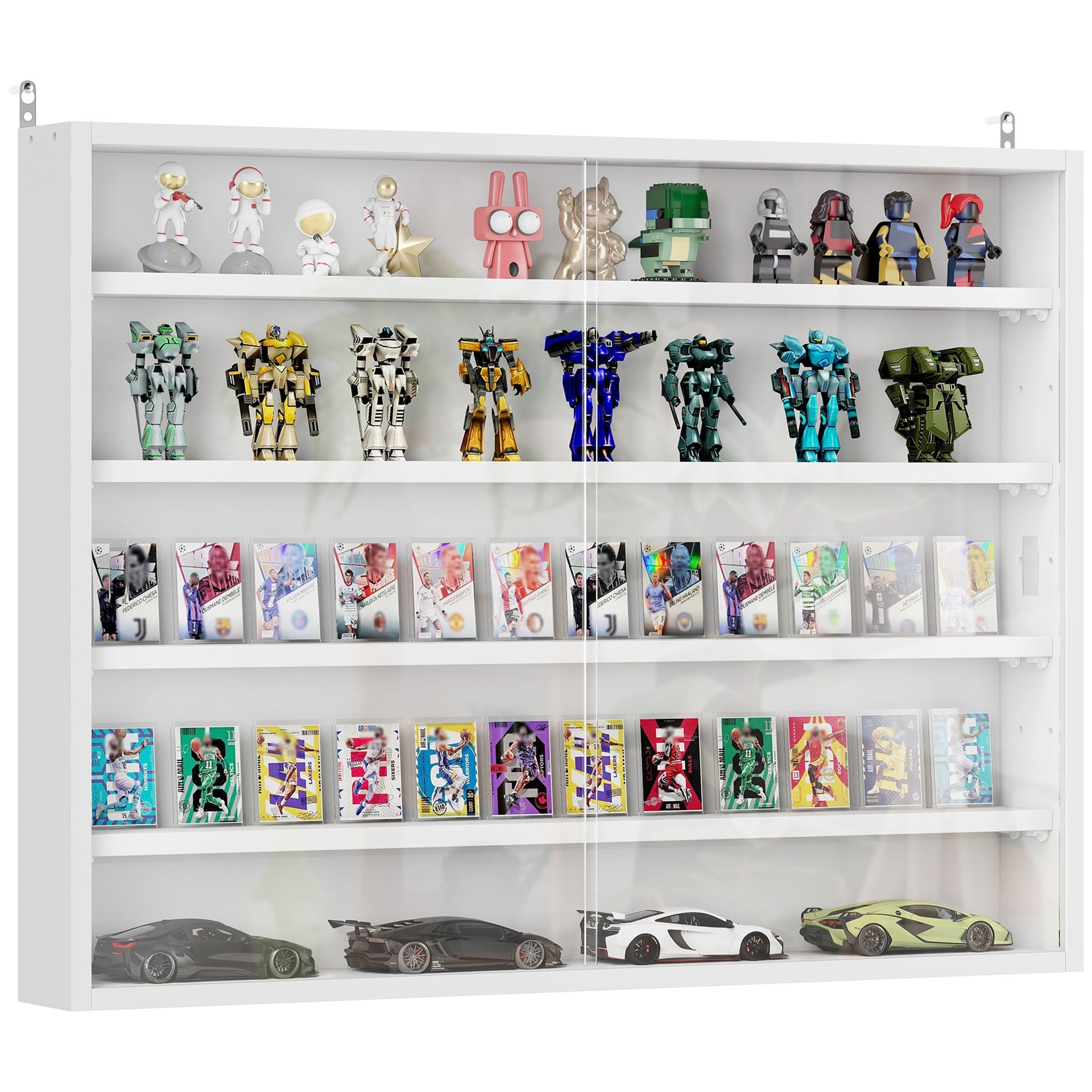 HOMCOM 5-Tier Display Cabinet, Wall-Mounted Display Case with 2 Glass Doors and Adjustable Shelves, White