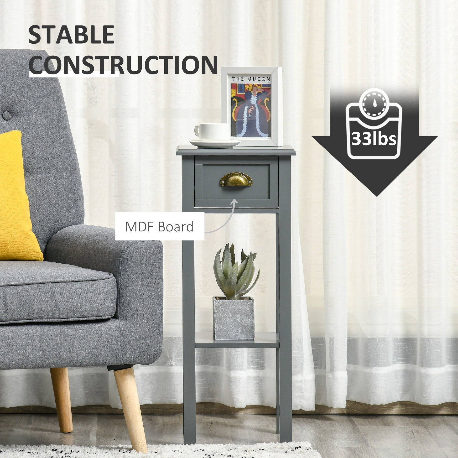 HOMCOM 2-Tier Tall Side Table, Nightstand End Table w/ Drawer & Bottom Shelf for Living Room, Bedroom, Gray
